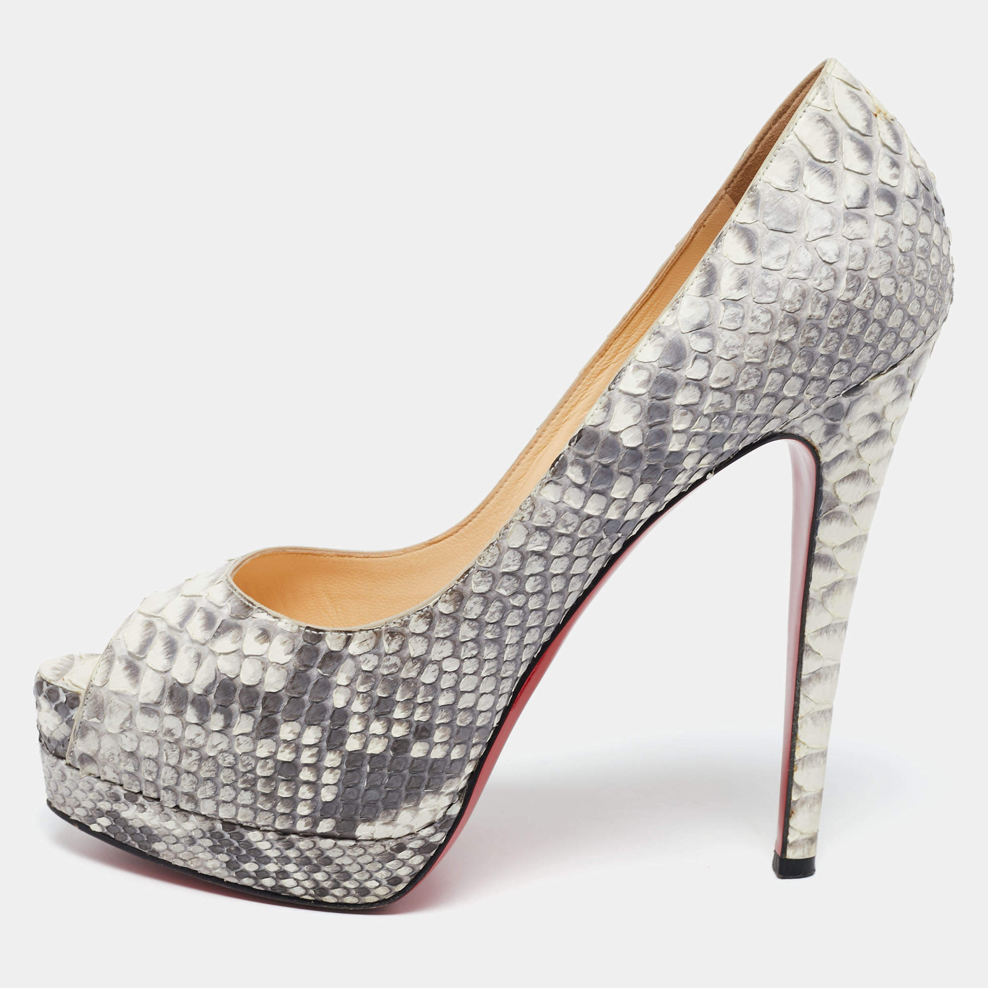 Christian Louboutin Grey/White Python Altadama Peep Toe Platform Pumps Size 37