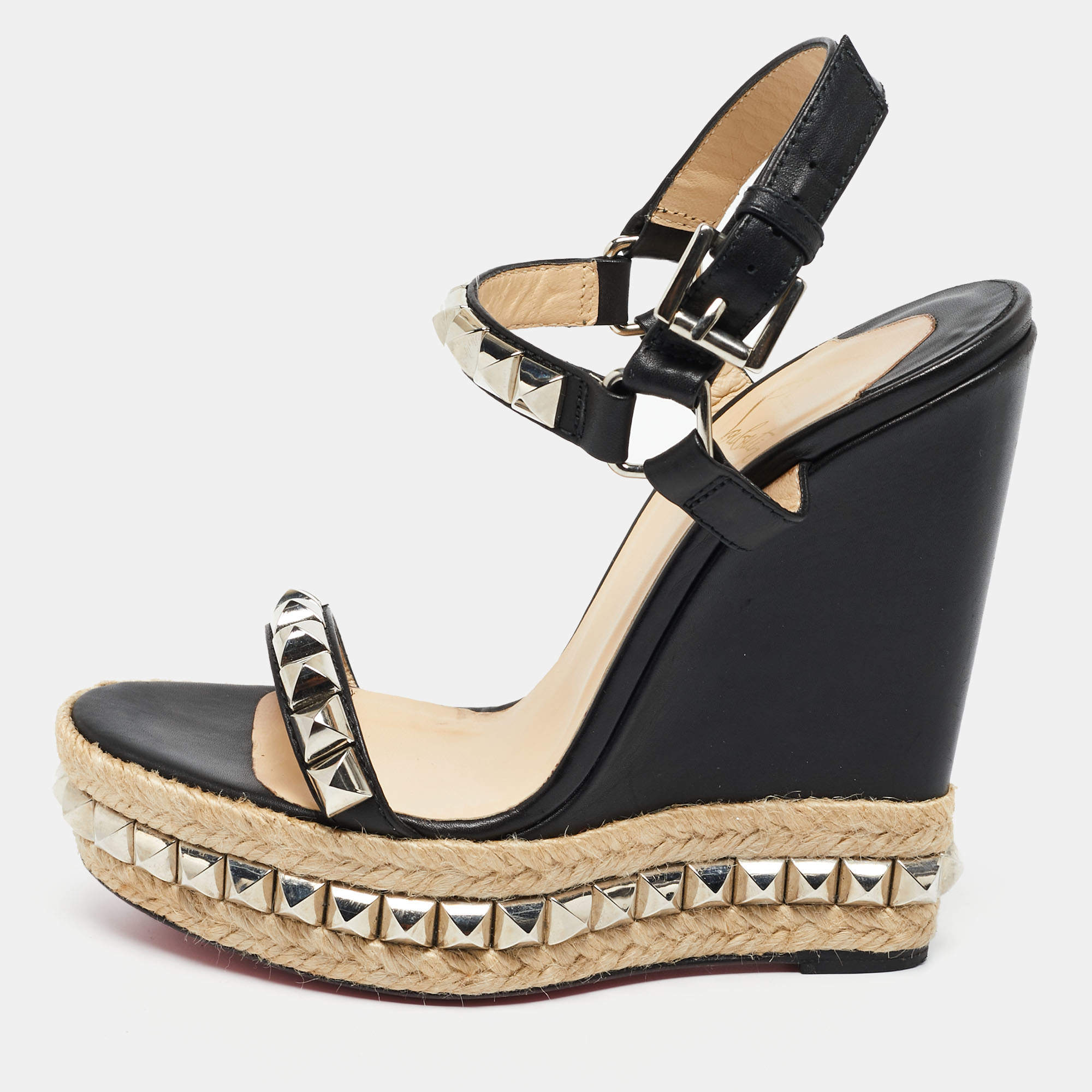 Christian Louboutin Black Studded Leather Cataclou Espadrille Wedge ...