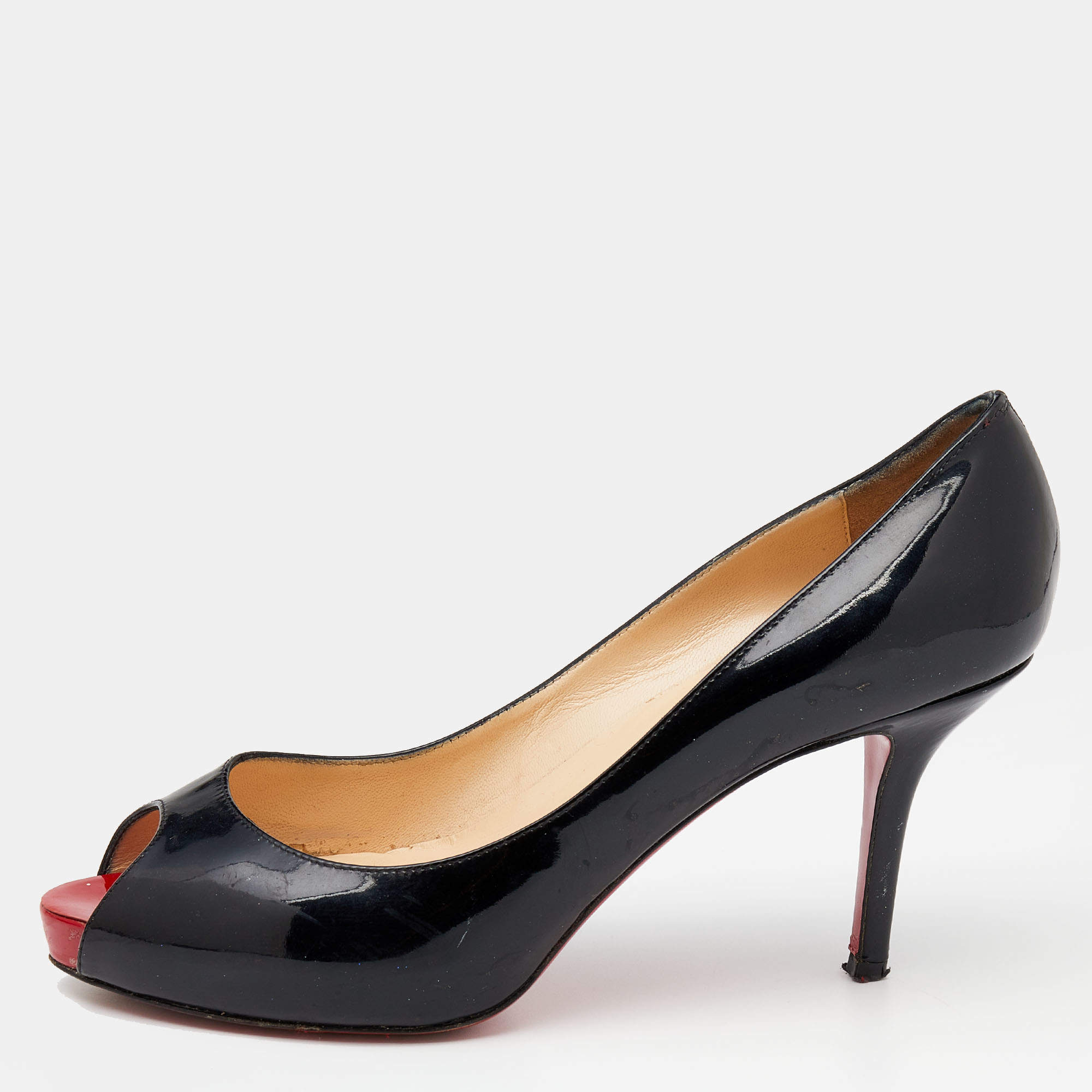Pre Owned Christian Louboutin Black Patent Leather Very Prive Platform Pumps Size 38.5