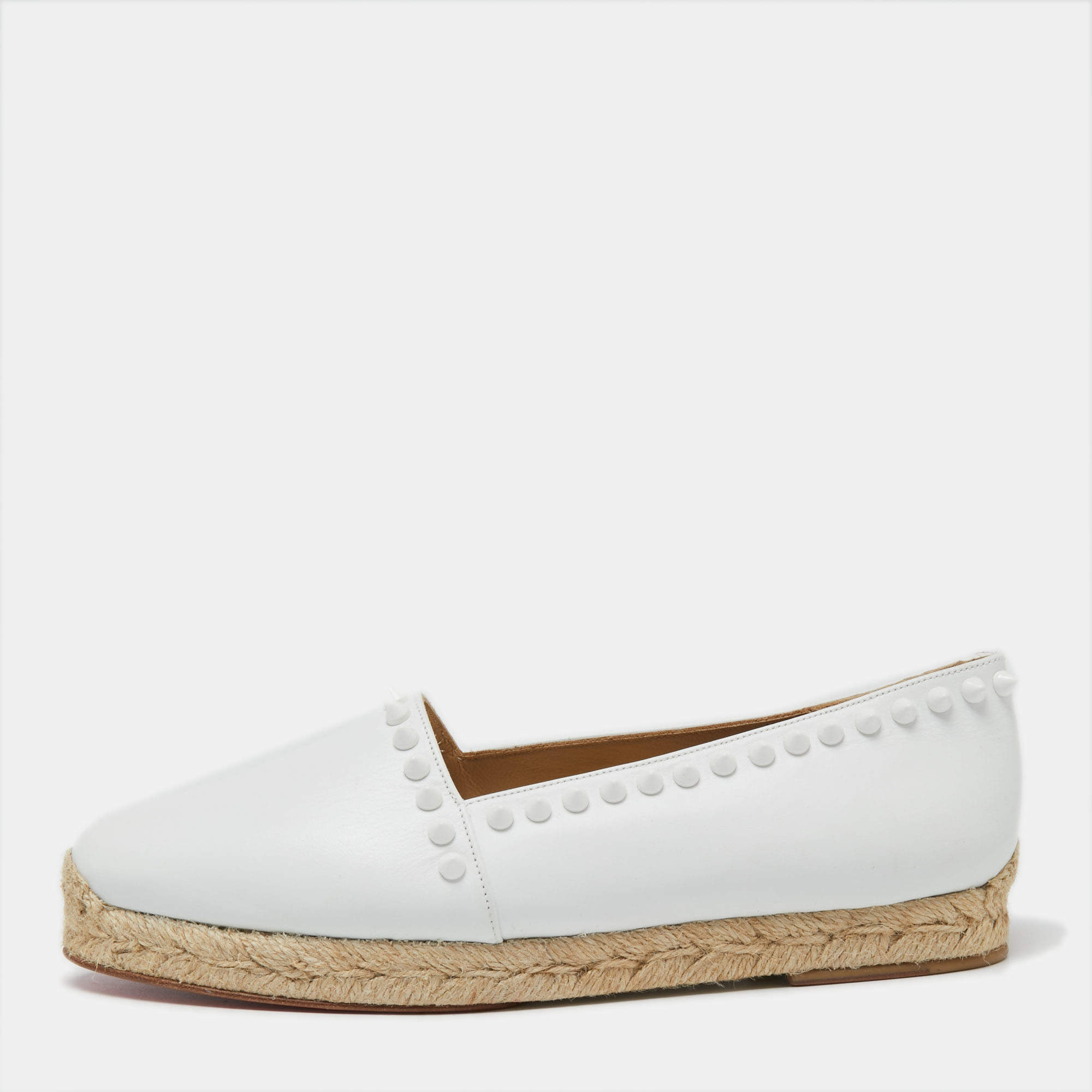 Pre Owned Christian Louboutin White Leather Spike Espadrille Flats Size 36