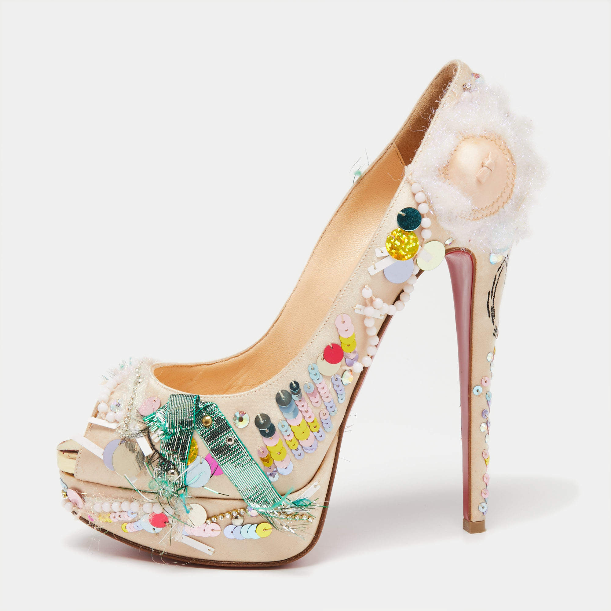 Christian Louboutin Beige Satin 'Make Up Trash' Lady Peep-Toe Pumps Size 38