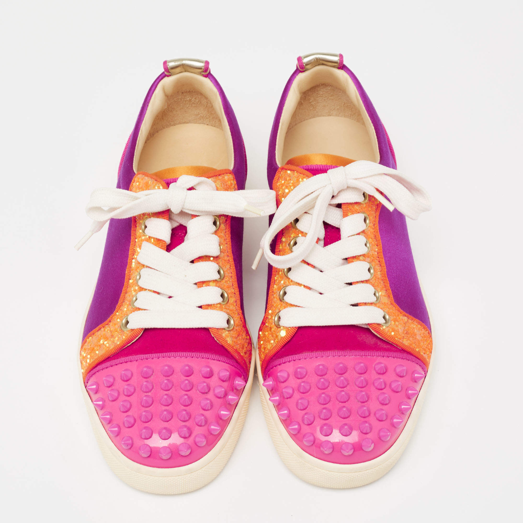 Christian Louboutin Multicolor Satin And Leather Suede Studded Low Top  Sneakers Size 36 Christian Louboutin