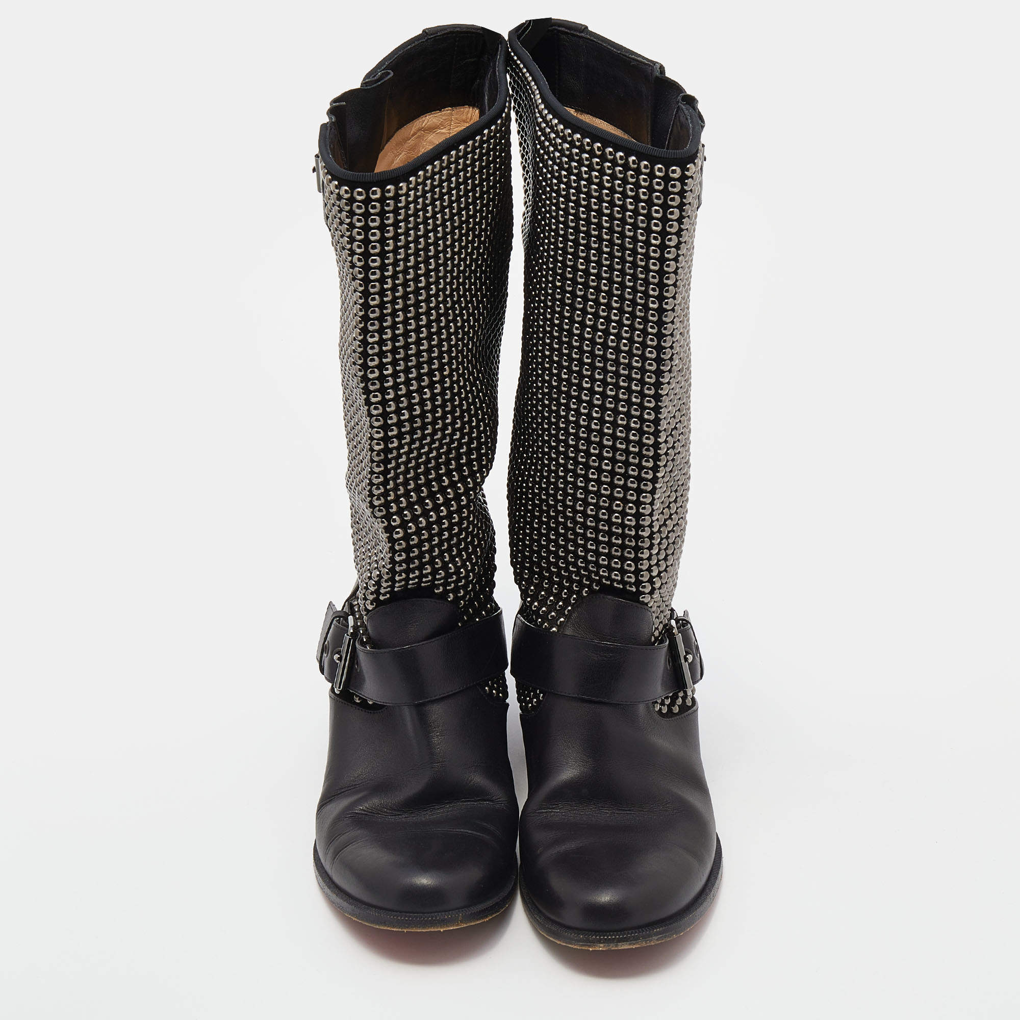 Christian Louboutin Studded Buckle Detail Mid Calf Boots