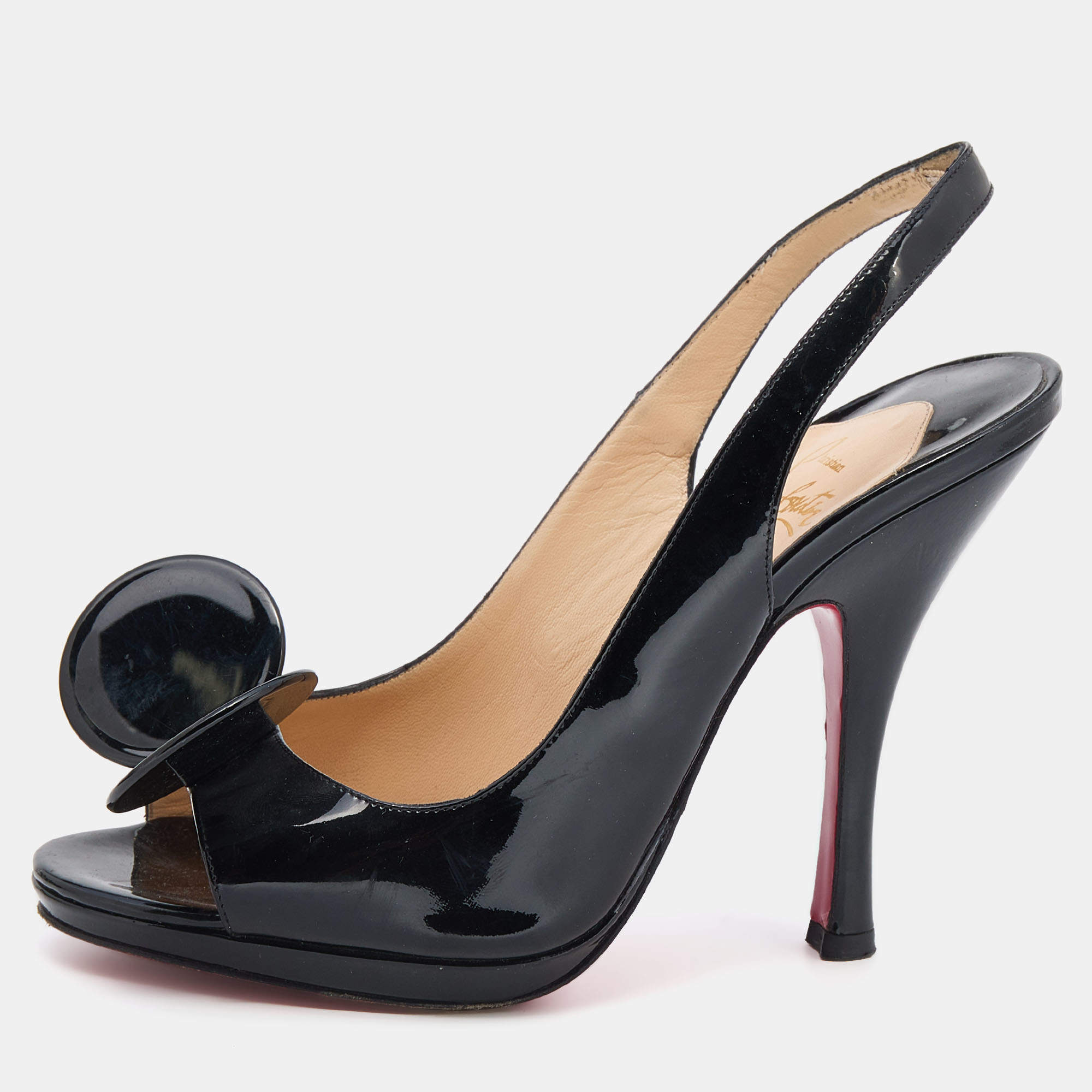 مملوكة مسبقًا صندل كريستيان لوبوتان مادام ماوس جلد أسود لامع مقدمة مفتوحة بحزام خلفي للكاحل مقاس 37.5