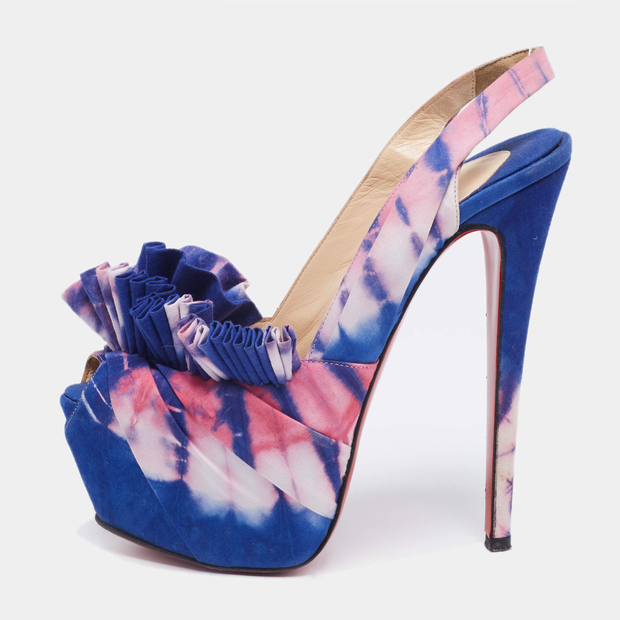Pre Owned Christian Louboutin Blue/Pink Tie and Dye Fabric High BouBou Bazin Slingback Sandals Size 38