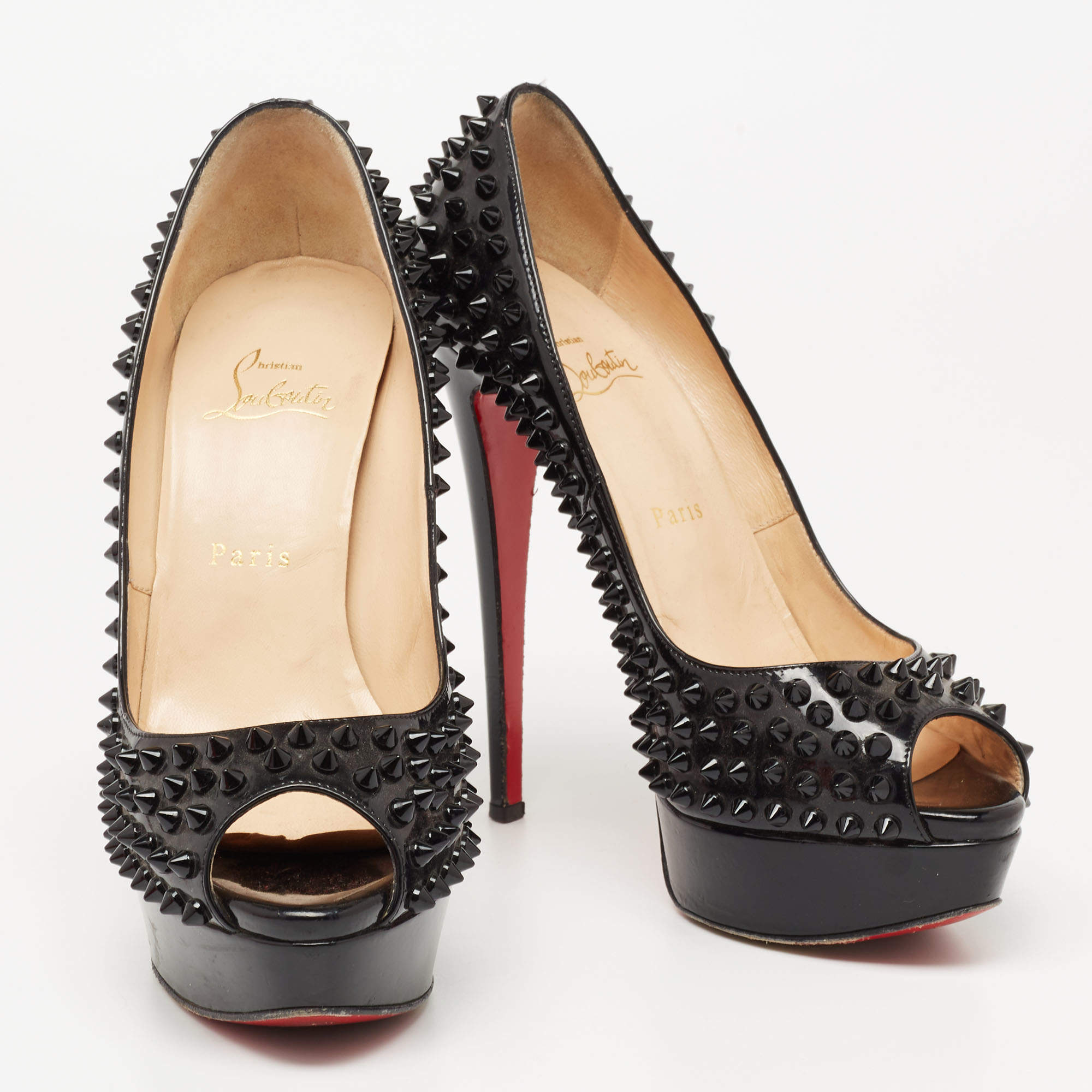 Auth Christian Louboutin black patent Lady Peep platform open toe pump heels  35