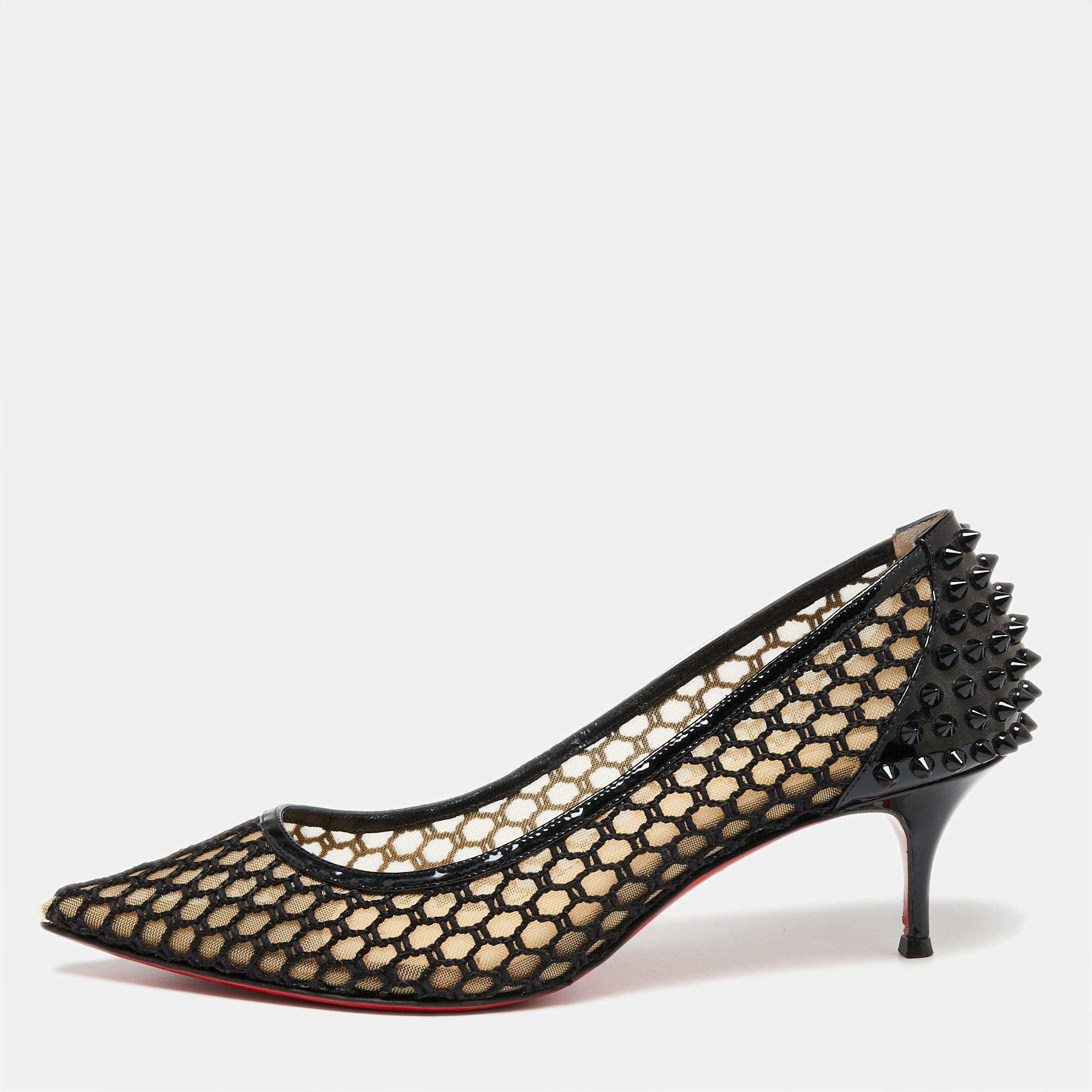 Christian Louboutin Black Mesh and Patent Leather Spike Guni Pumps Size 39.5