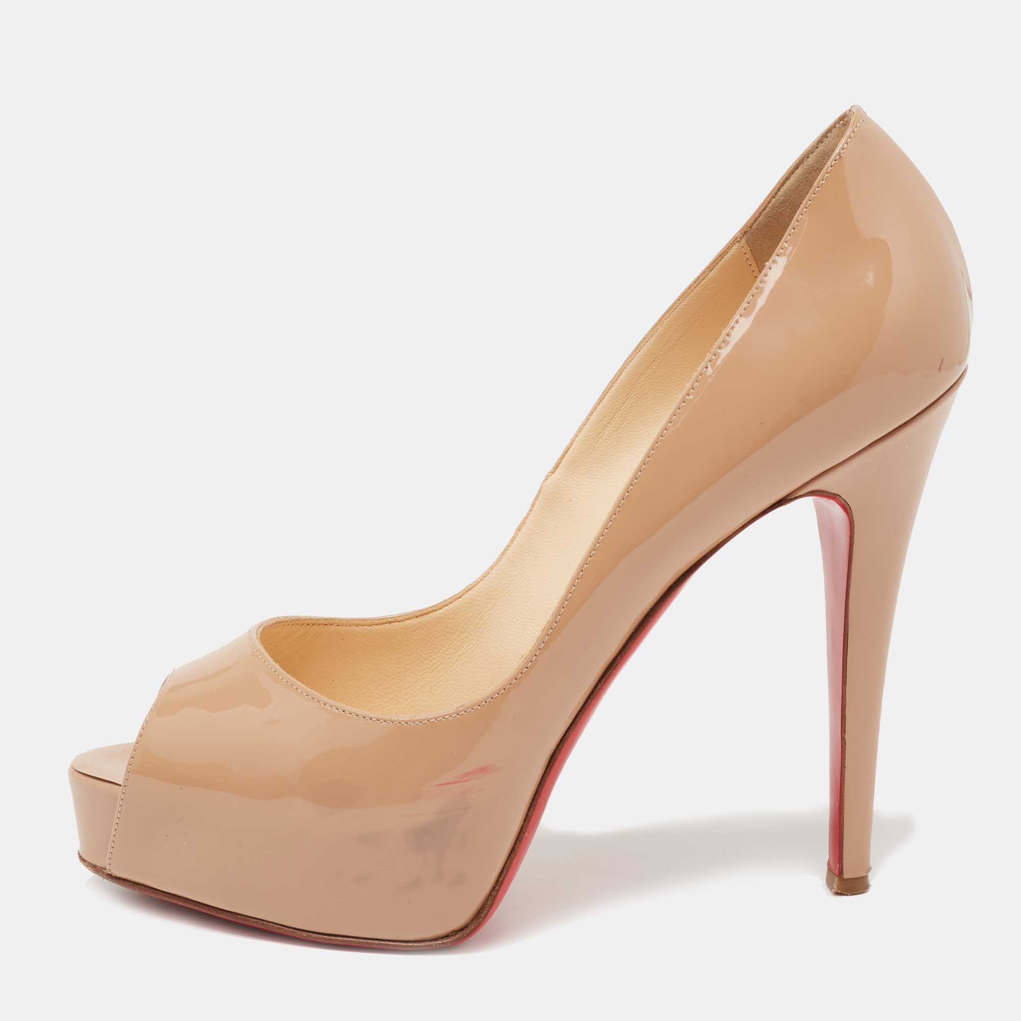 Christian Louboutin Beige Satin Palais Royal Peep Toe Platform