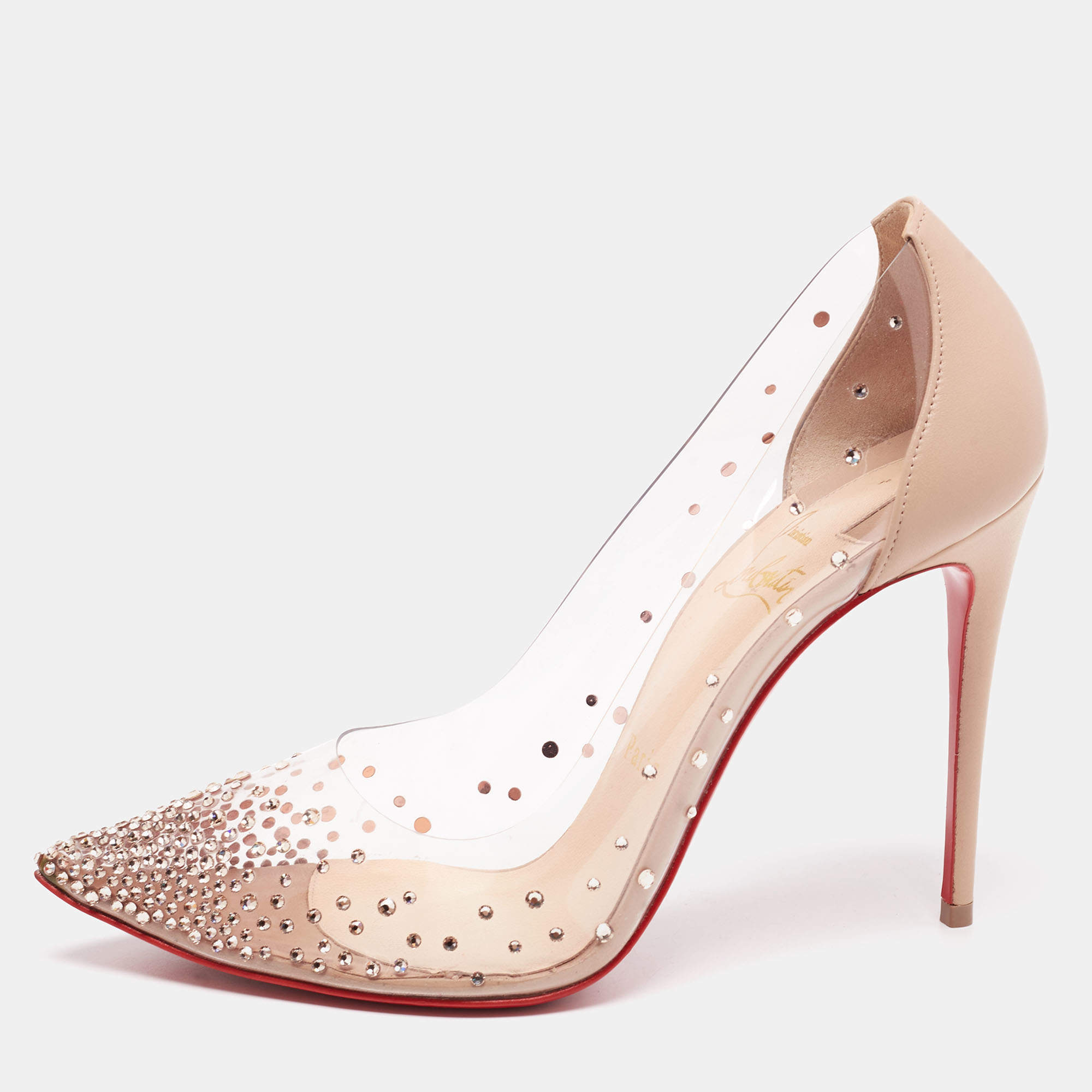 Pre Owned Christian Louboutin Beige Leather And PVC Degrastrass Pointed Toe Pumps Size 38
