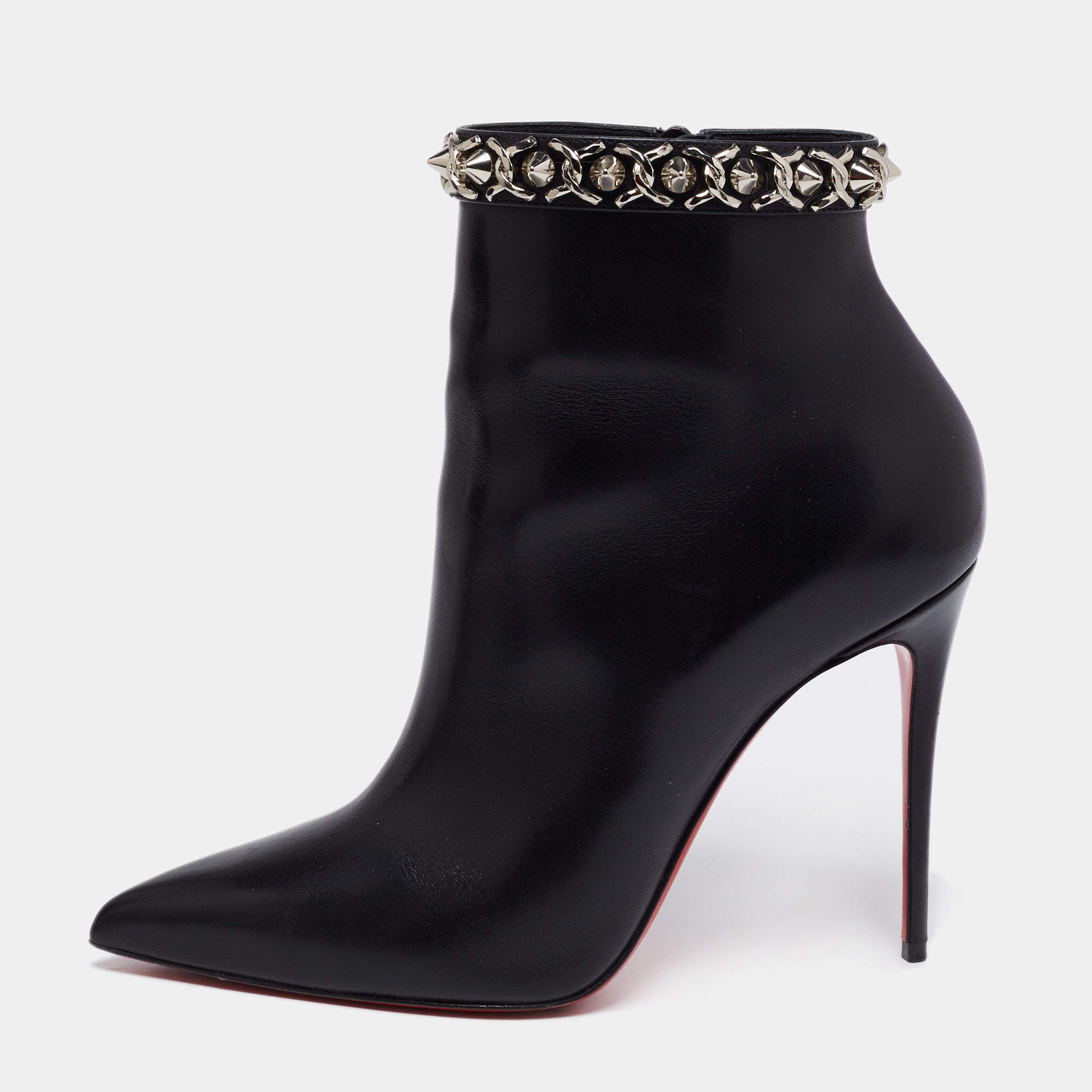 Pre Owned Christian Louboutin Black Leather Booty Spike Chain Pointed-Toe Ankle Booties Size 39
