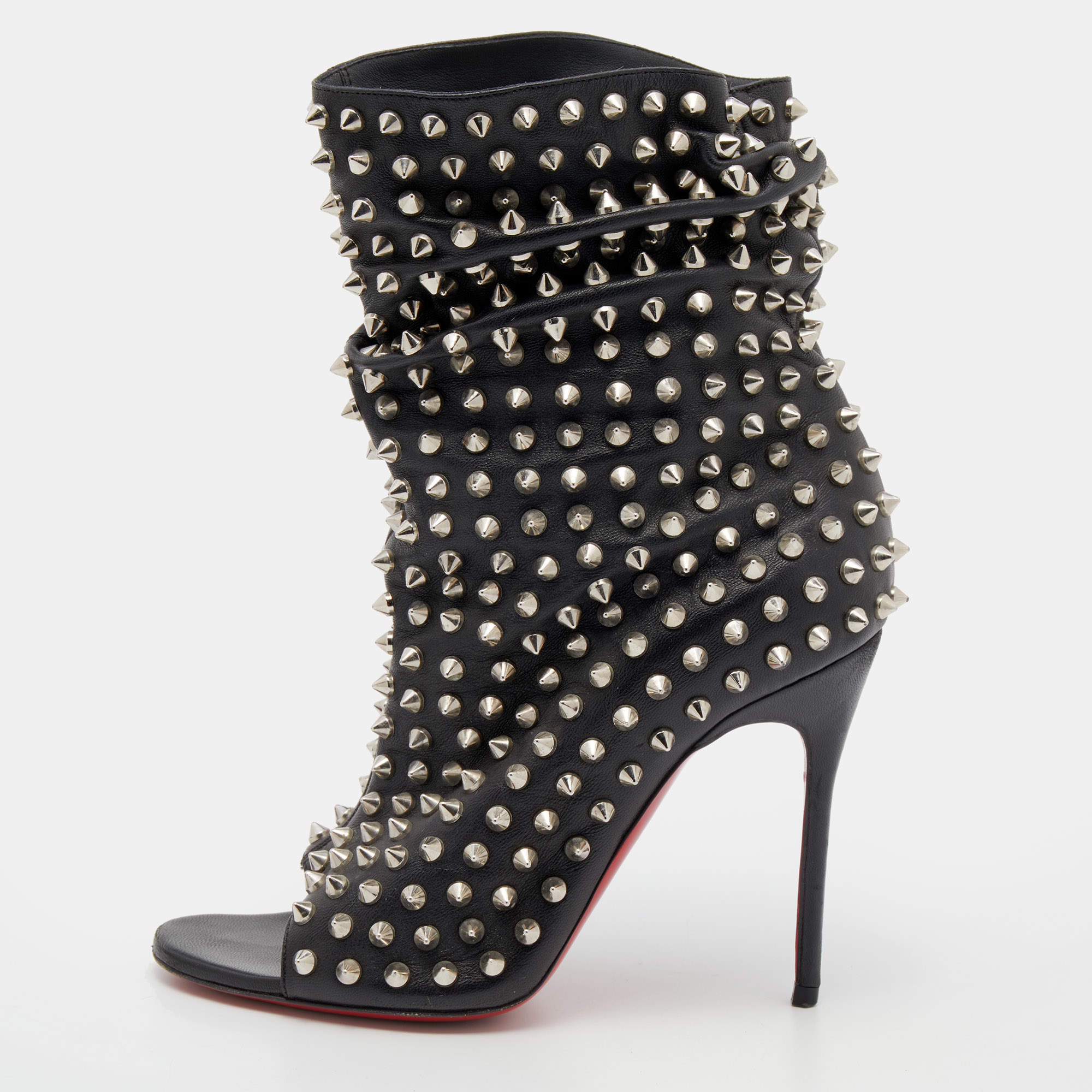 Pre Owned Christian Louboutin Black Leather Spiked Guerilla Peep Toe Slouchy Ankle Boots Size 36.5