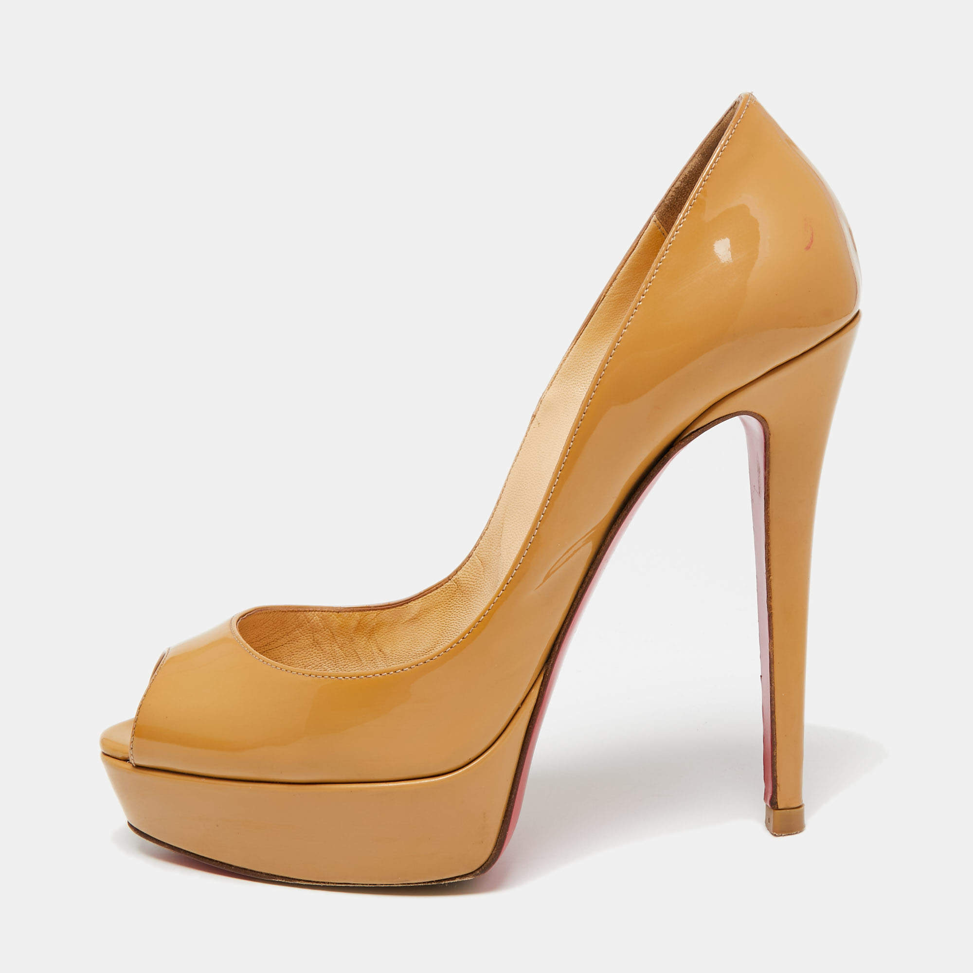 Pre Owned Christian Louboutin Beige Patent Leather Lady Peep-Toe Platform Pumps Size 38