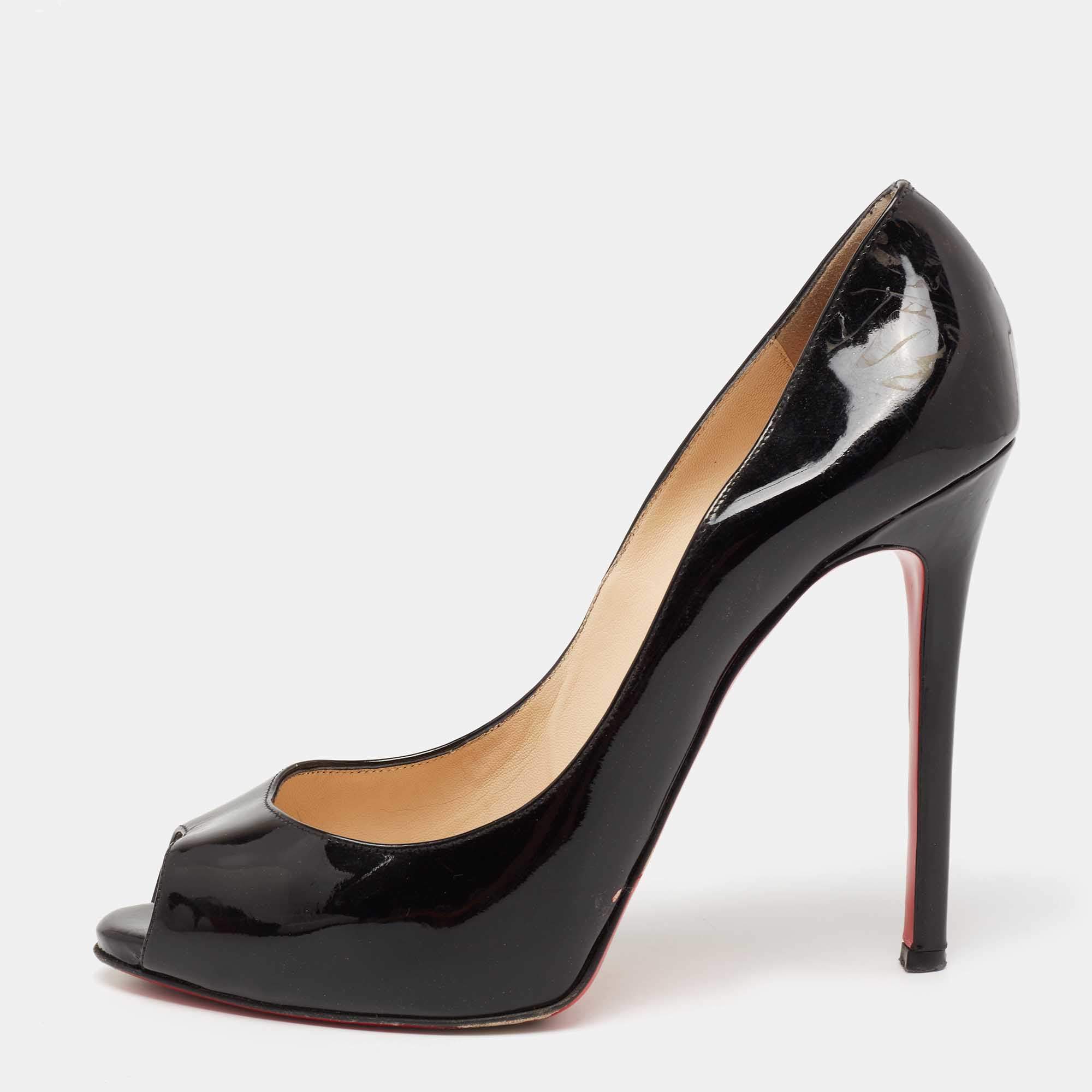 Pre Owned Christian Louboutin Black Patent Leather Flo Peep-Toe Pumps Size 39.5