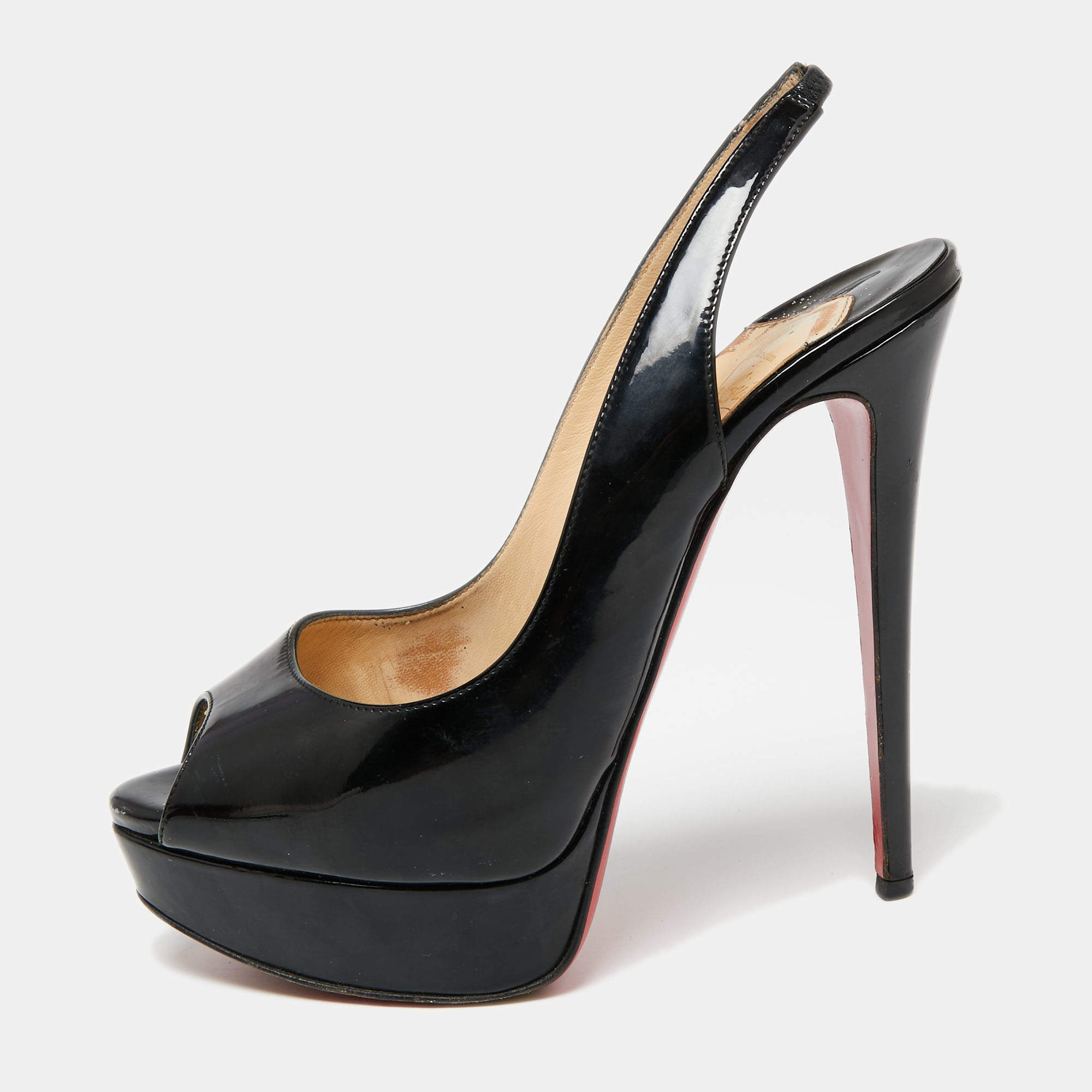 Pre Owned Christian Louboutin Black Patent Leather Lady Peep-Toe Slingback Platform Sandals Size 38.5