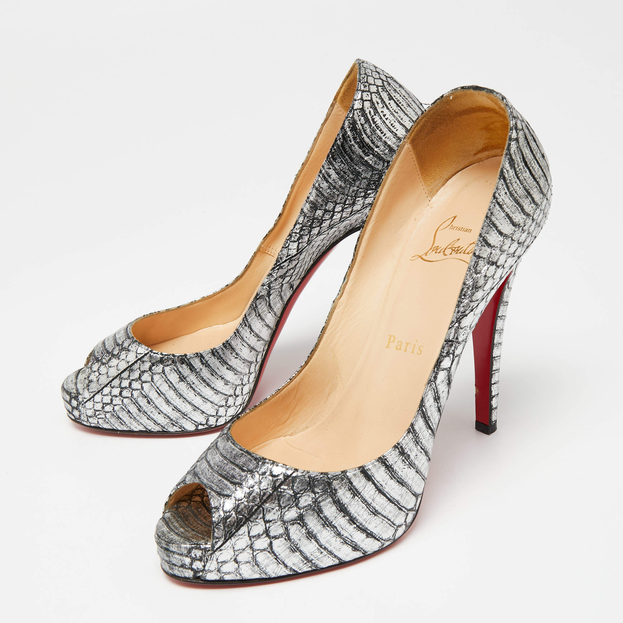 Christian Louboutin Antique Silver Snakeskin Lady Peep Pumps