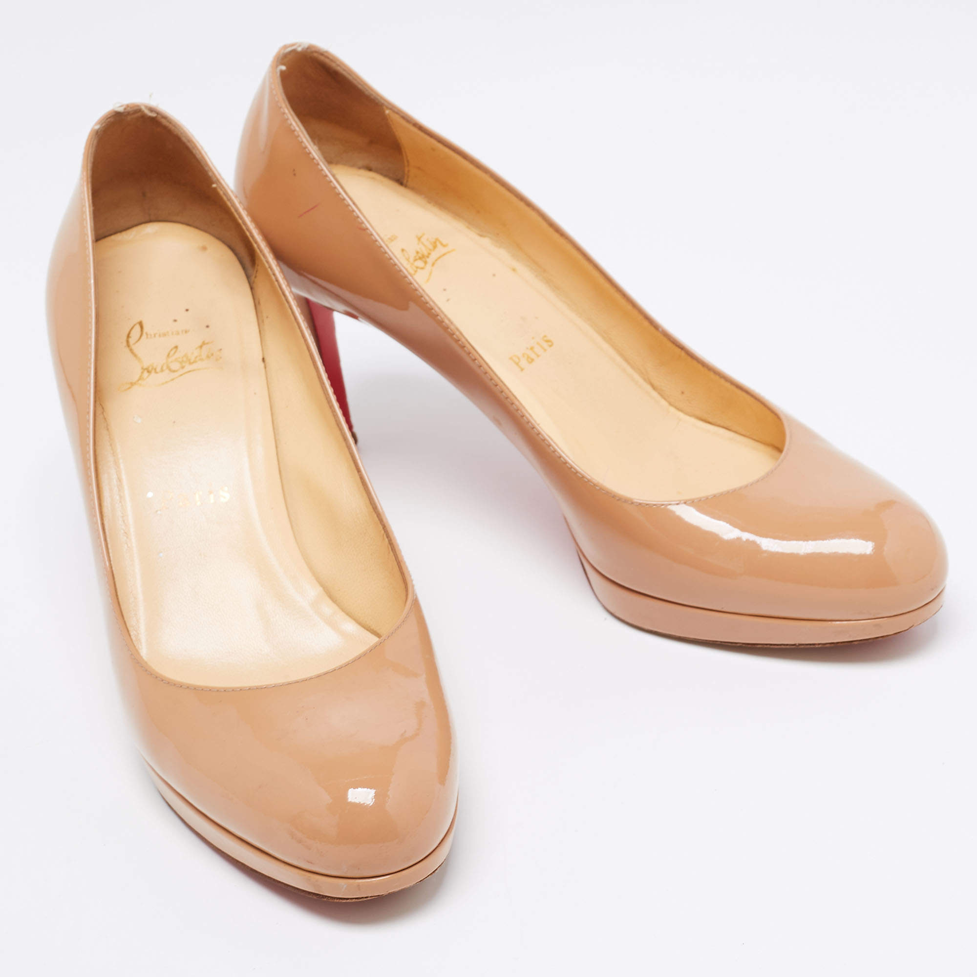 Pre Owned Christian Louboutin Beige Patent Leather New Simple Round Toe Pumps Size 39