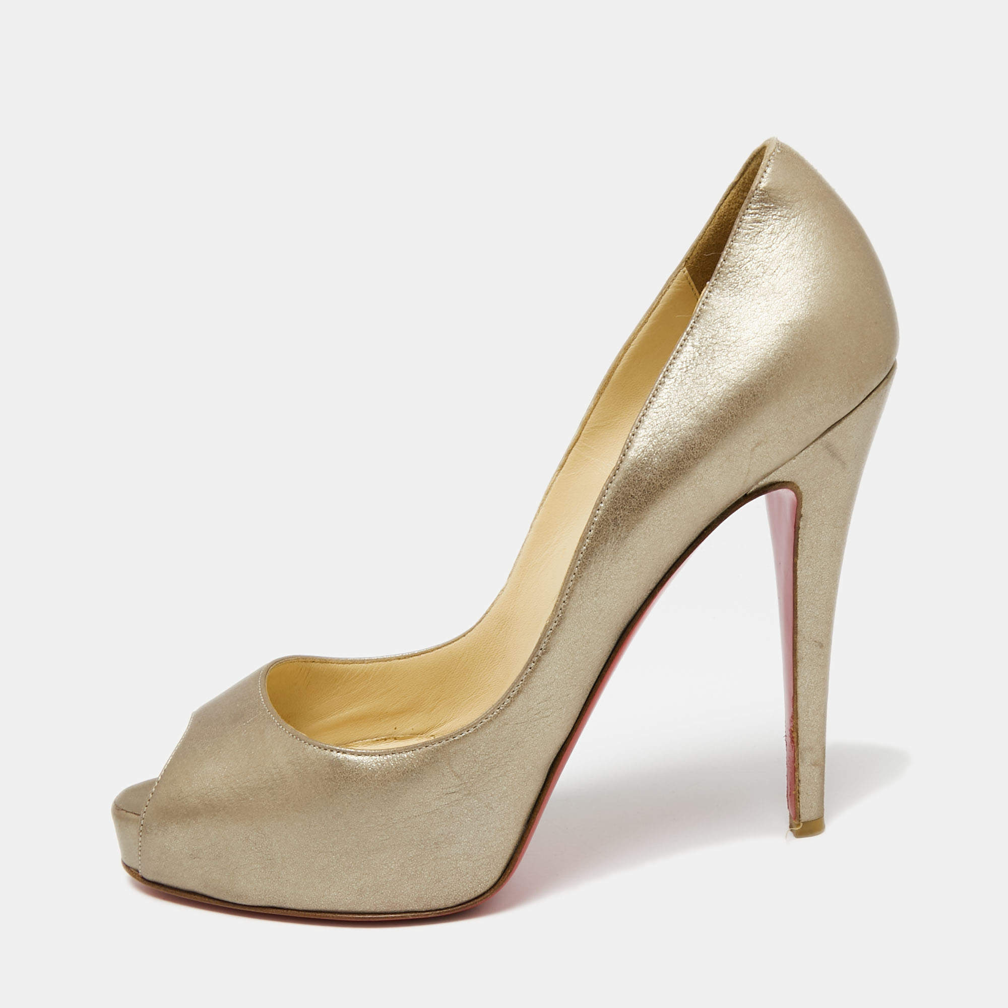 Pre Owned Christian Louboutin Metallic Beige Leather Very Prive Peep-Toe Pumps Size 37.5