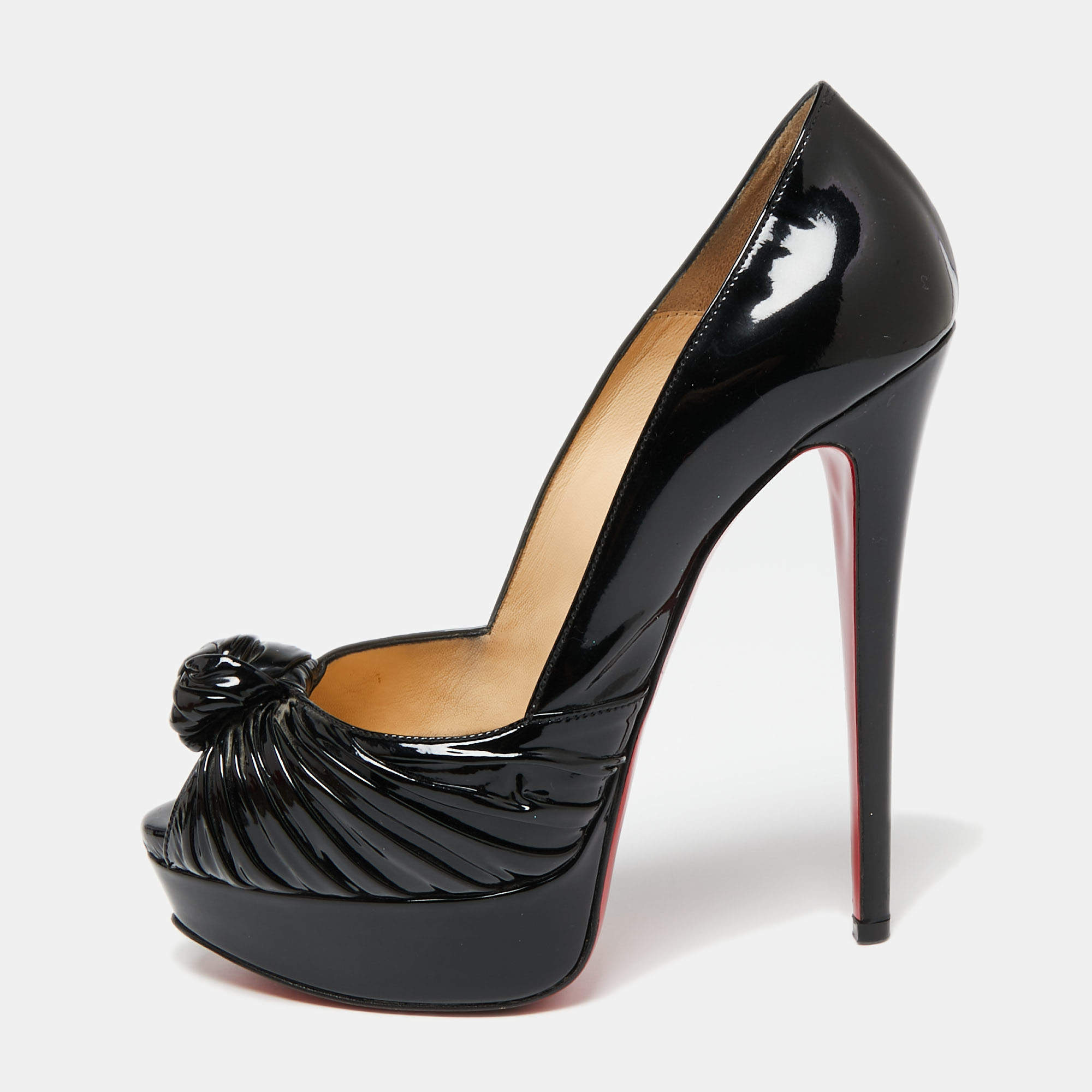 Pre Owned Christian Louboutin Black Patent Leather Jenny Knot Peep-Toe Platform Pumps Size 37