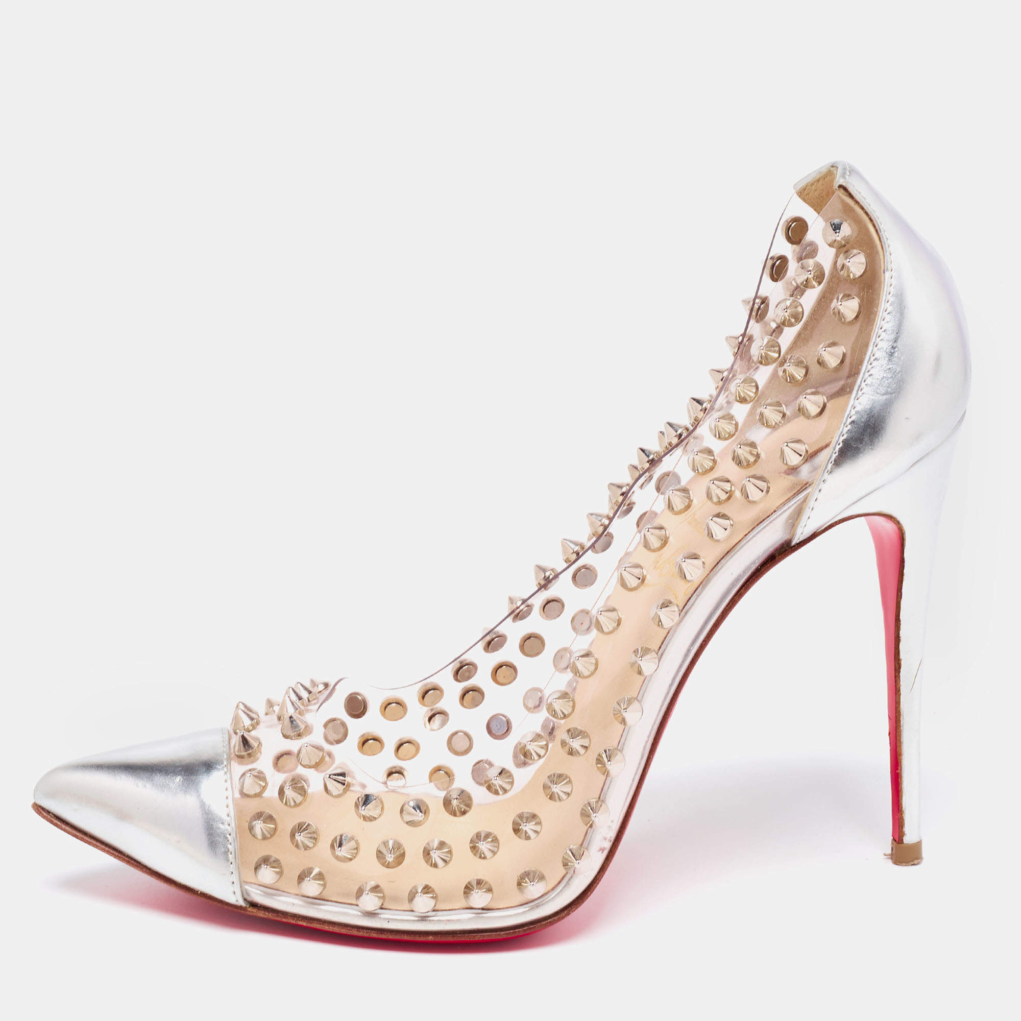 Pre Owned Christian Louboutin Silver Leather and PVC Spike Me Pumps Size 38