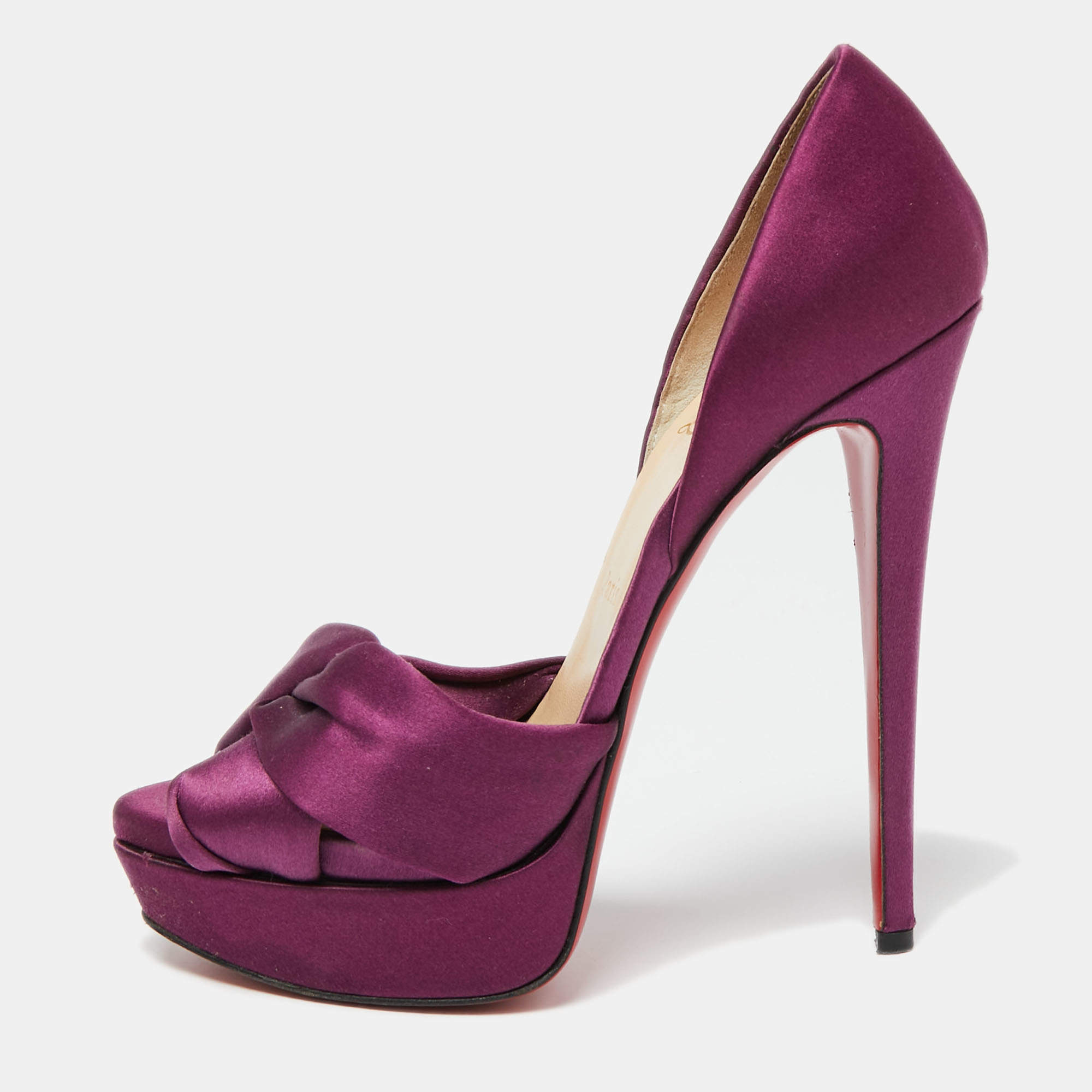 Pre Owned Christian Louboutin Purple Satin Volpi 150 Peep Toe D'Orsay Pumps Size 38