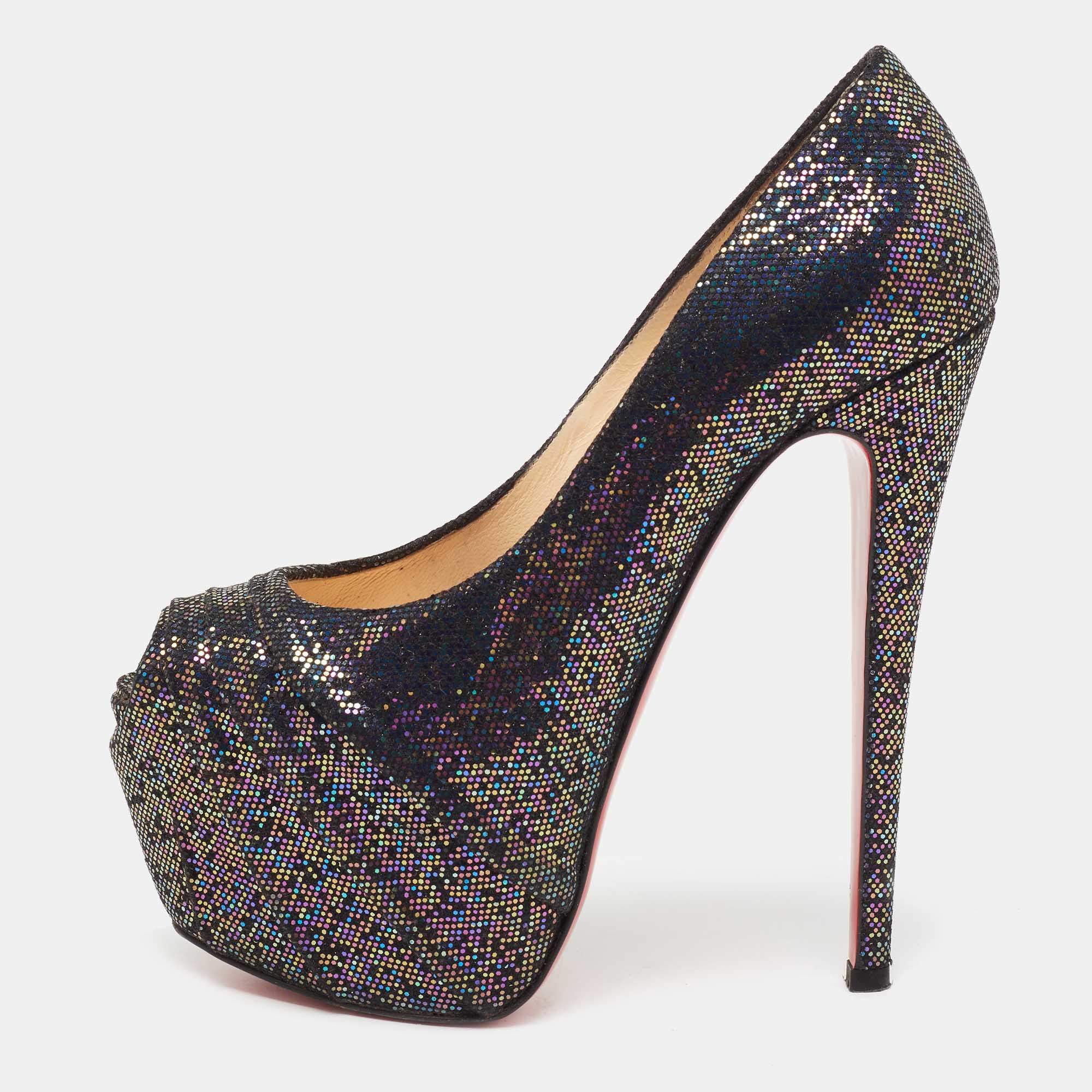 Pre Owned Christian Louboutin Multicolor Glitter Fabric Drapesse Spotlight Peep-Toe Pumps Size 37