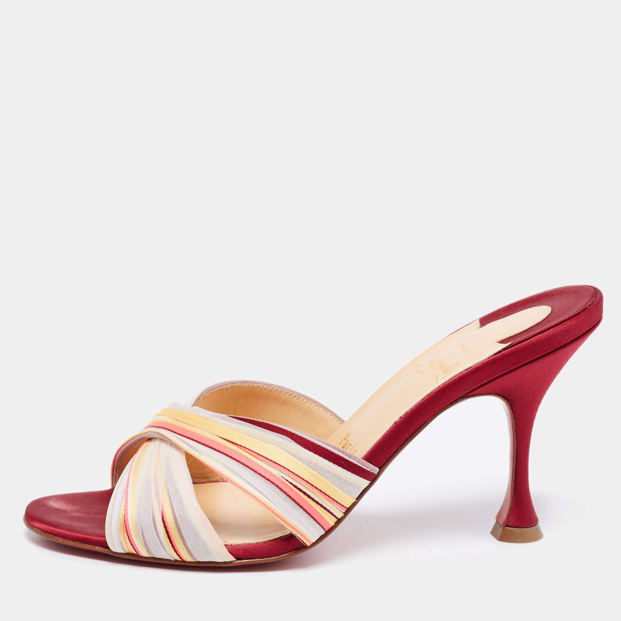 مملوكة مسبقًا Christian Louboutin Multicolor Satin Nicol Stripe Slide Sandals Size 38