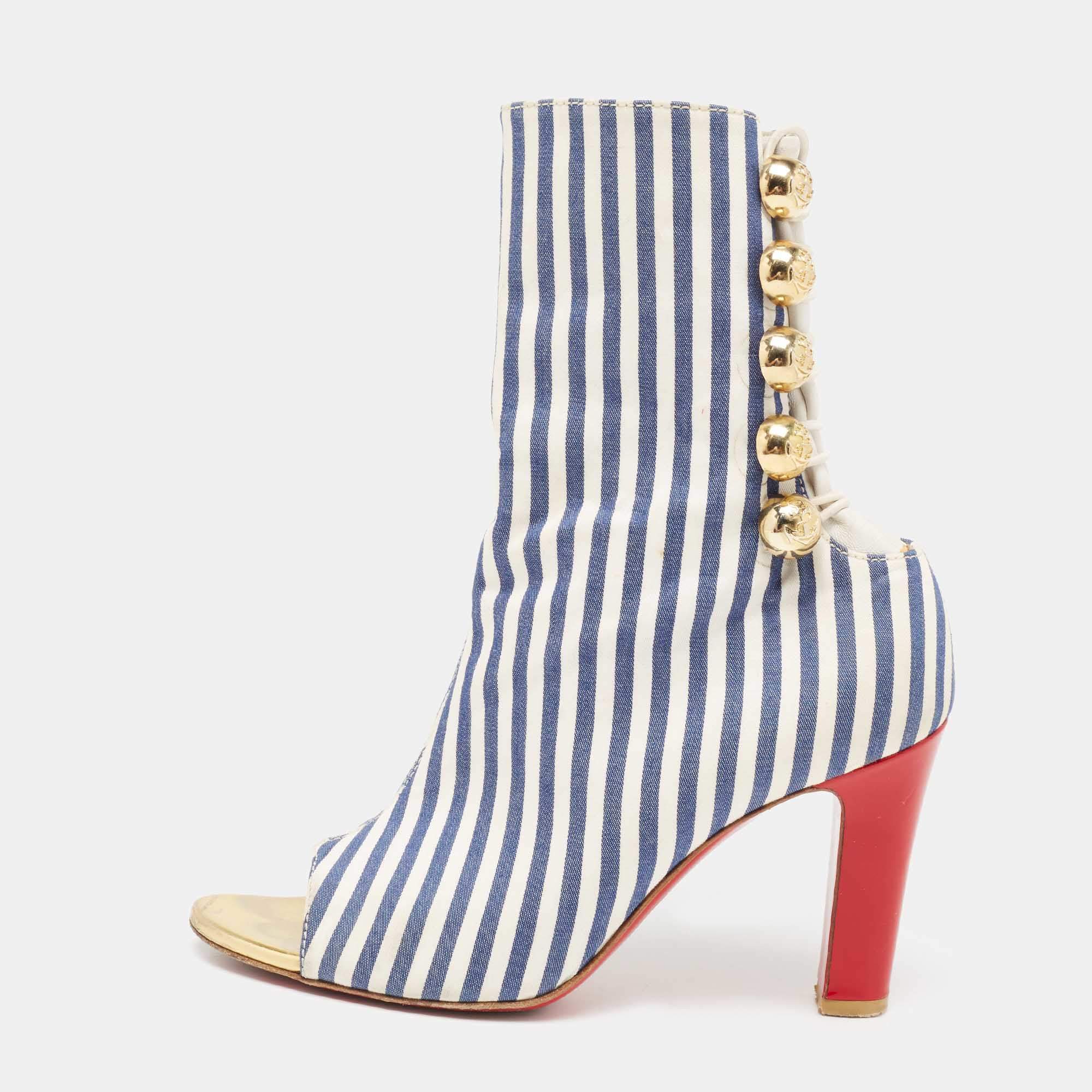 Pre Owned حذاء بوت للكاحل كريستيان لوبوتان جلد وقماش مخطط أزرق/أبيض مقدمة مفتوحة مقاس 36