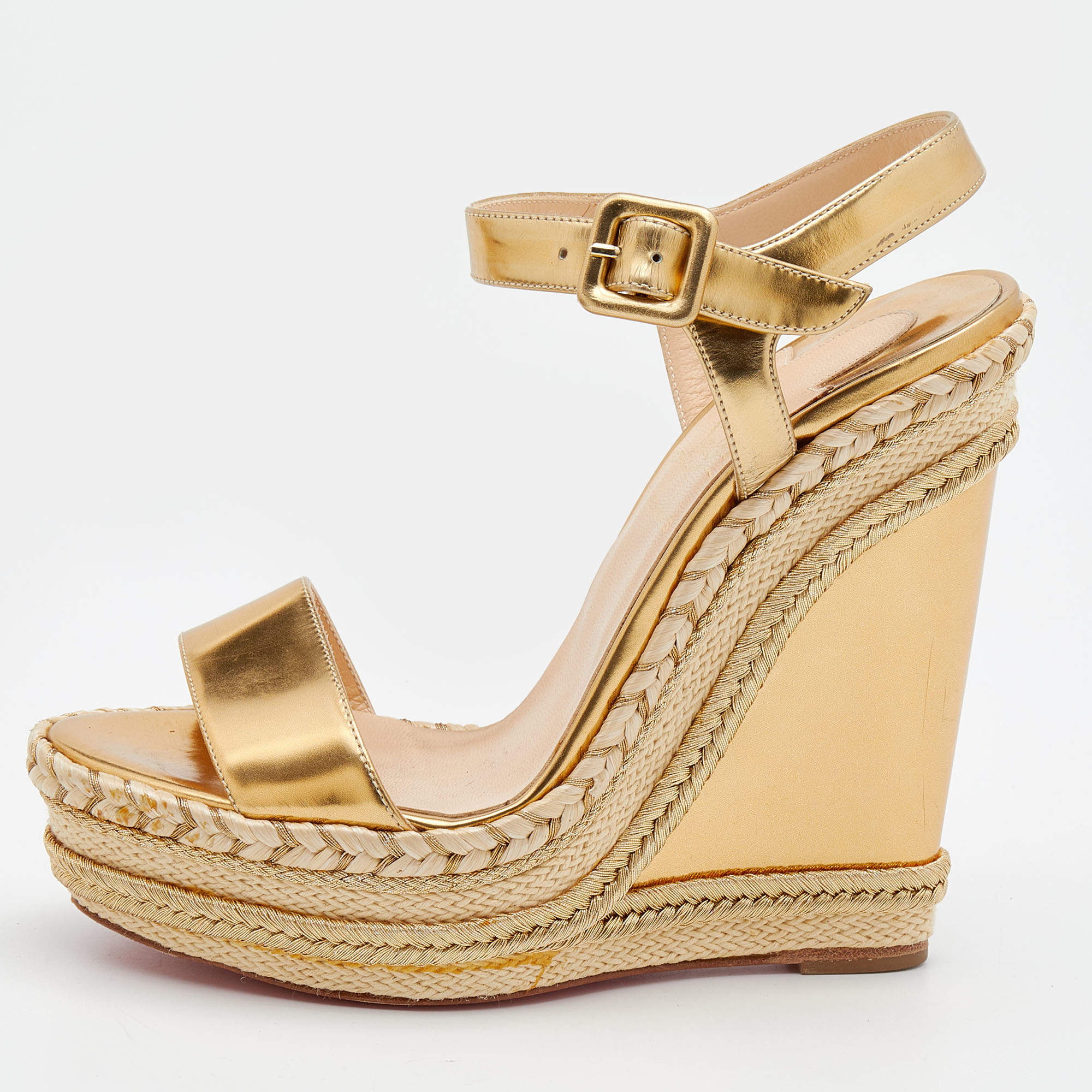 Christian Louboutin Metallic Gold Leather New Duplice Ankle Strap Wedge Platform Sandals Size 37