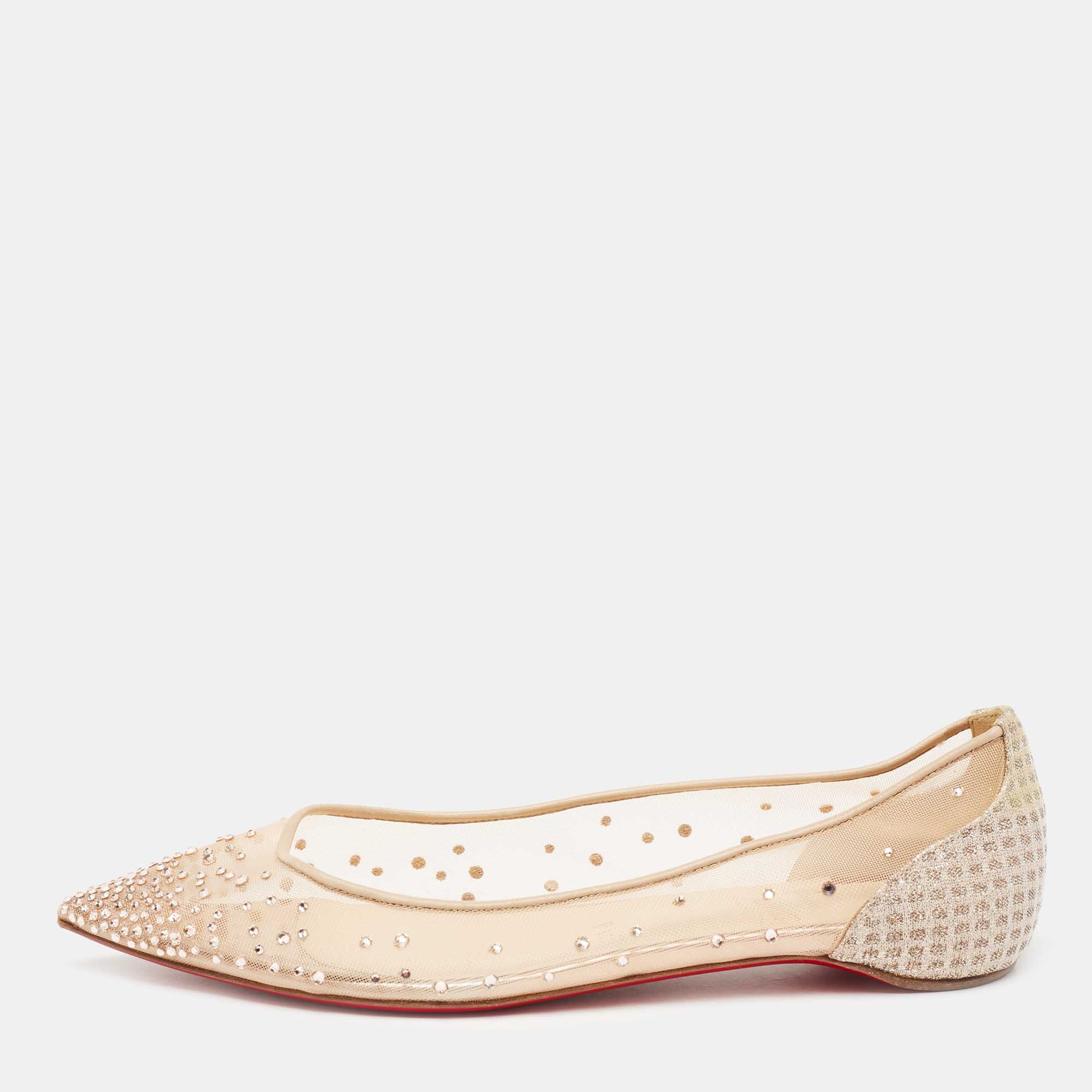 Christian Louboutin // Beige Mesh Folllies Strass Flat – VSP