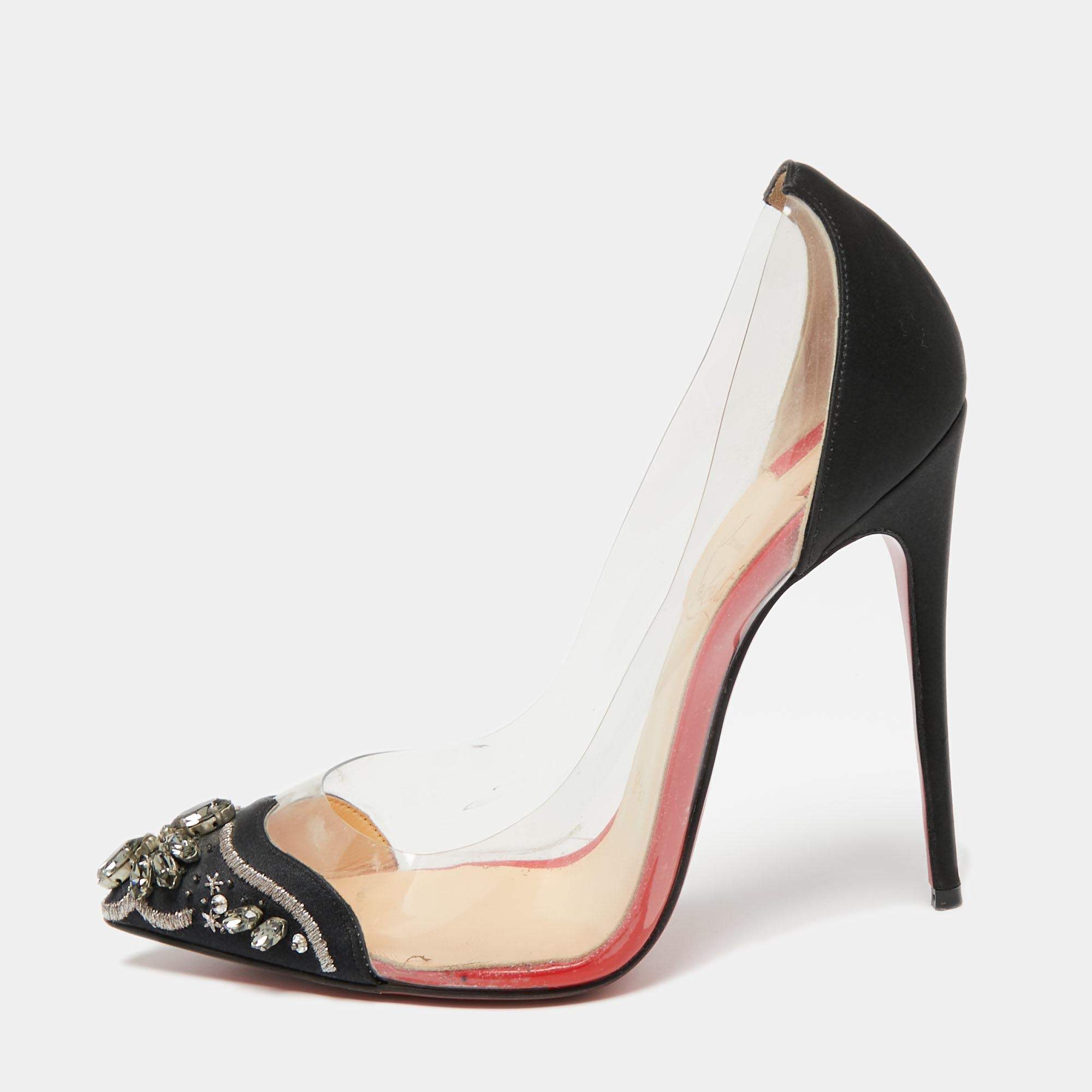 Pre Owned Christian Louboutin Black Satin and PVC Bollywood Boulevard Pumps Size 36