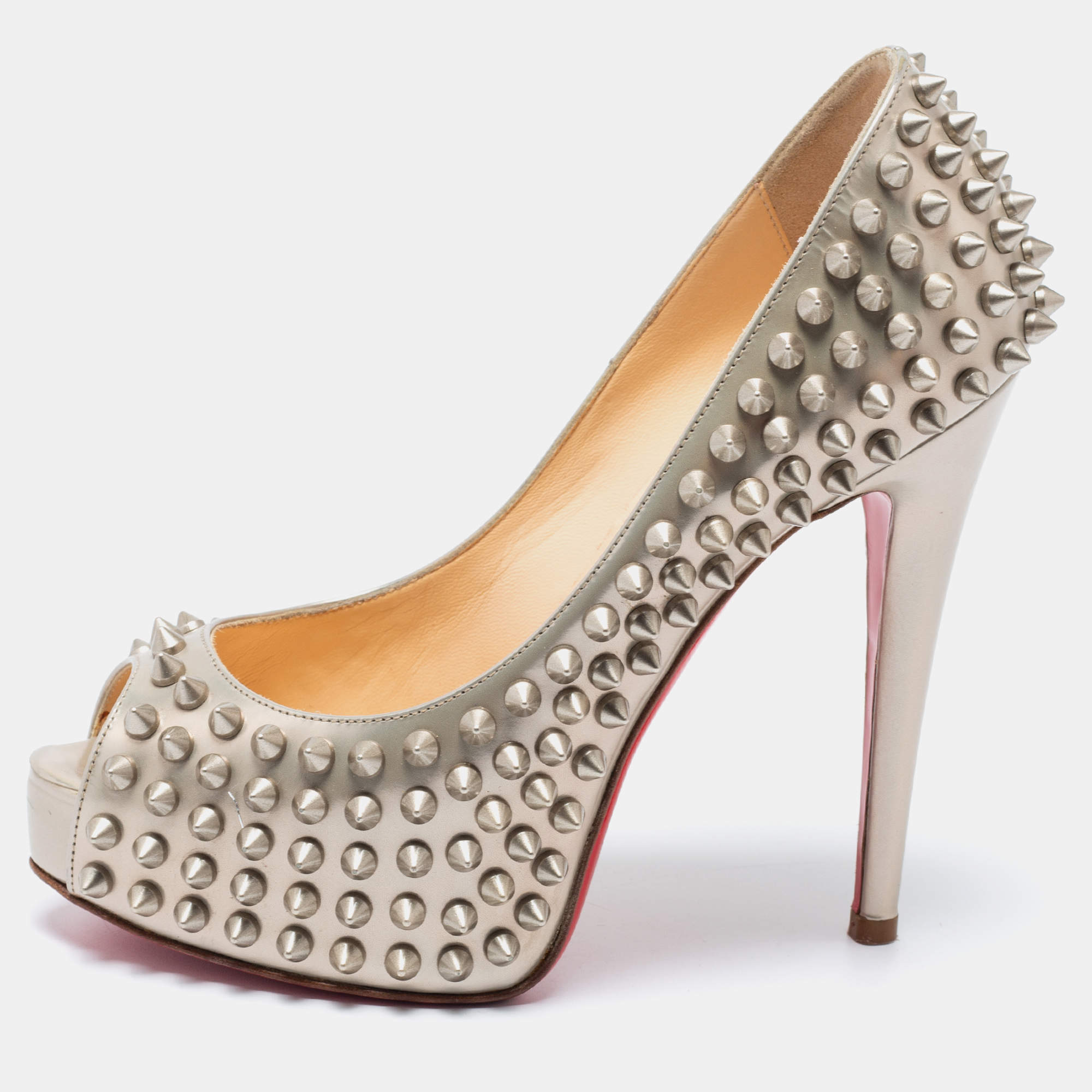 Pre Owned Christian Louboutin Grey Patent Leather Lady Peep Toe Spikes Platform Pumps Size 34