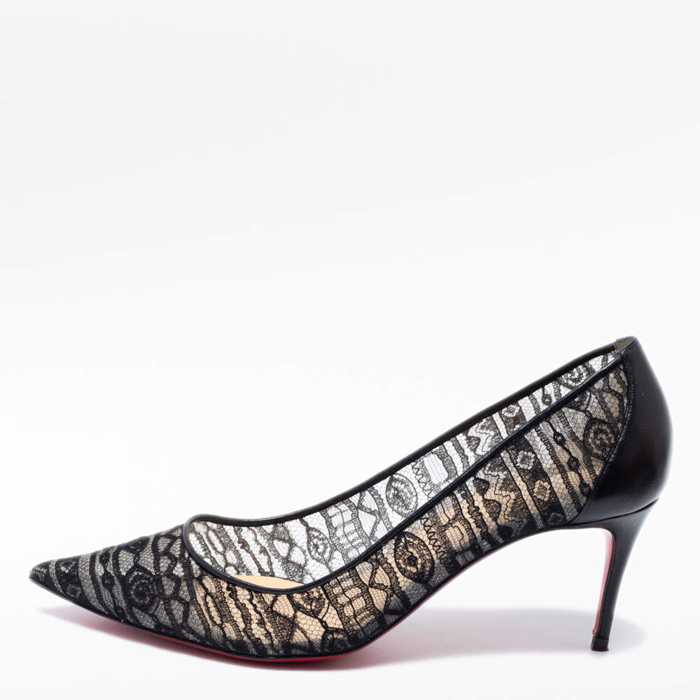 Pre Owned حذاء كعب عالي كريستيان لوبوتان ديورسيما دينتيل جلد ودانتيل أسود مقاس 38.5