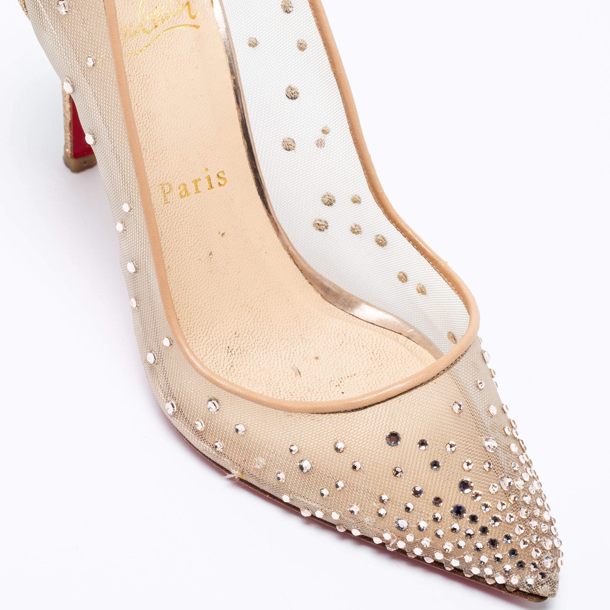Pre Owned Christian Louboutin Metallic Gold Mesh And Glitter Follies Strass Pointed Toe Pumps Size 38.5