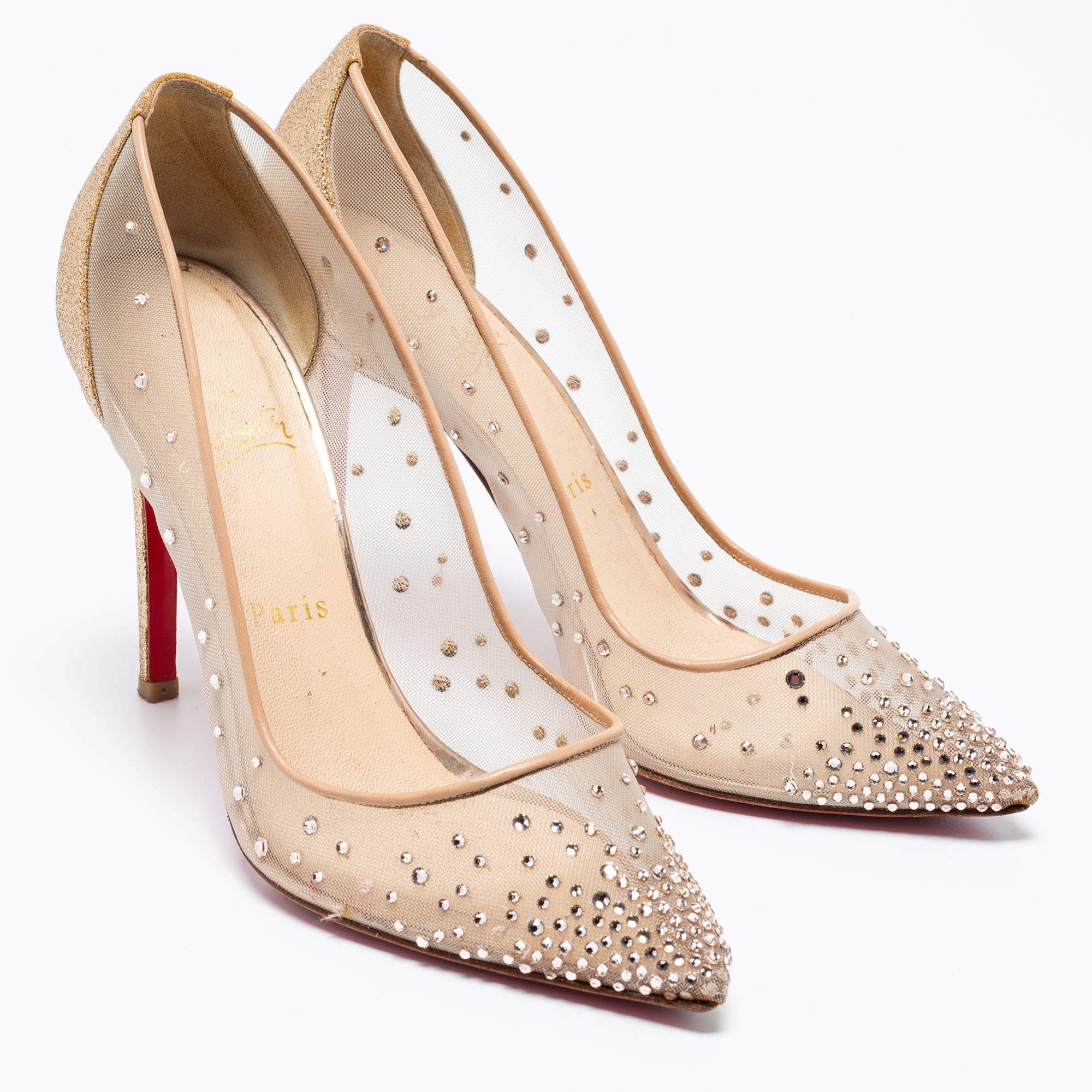 Pre Owned Christian Louboutin Metallic Gold Mesh And Glitter Follies Strass Pointed Toe Pumps Size 38.5