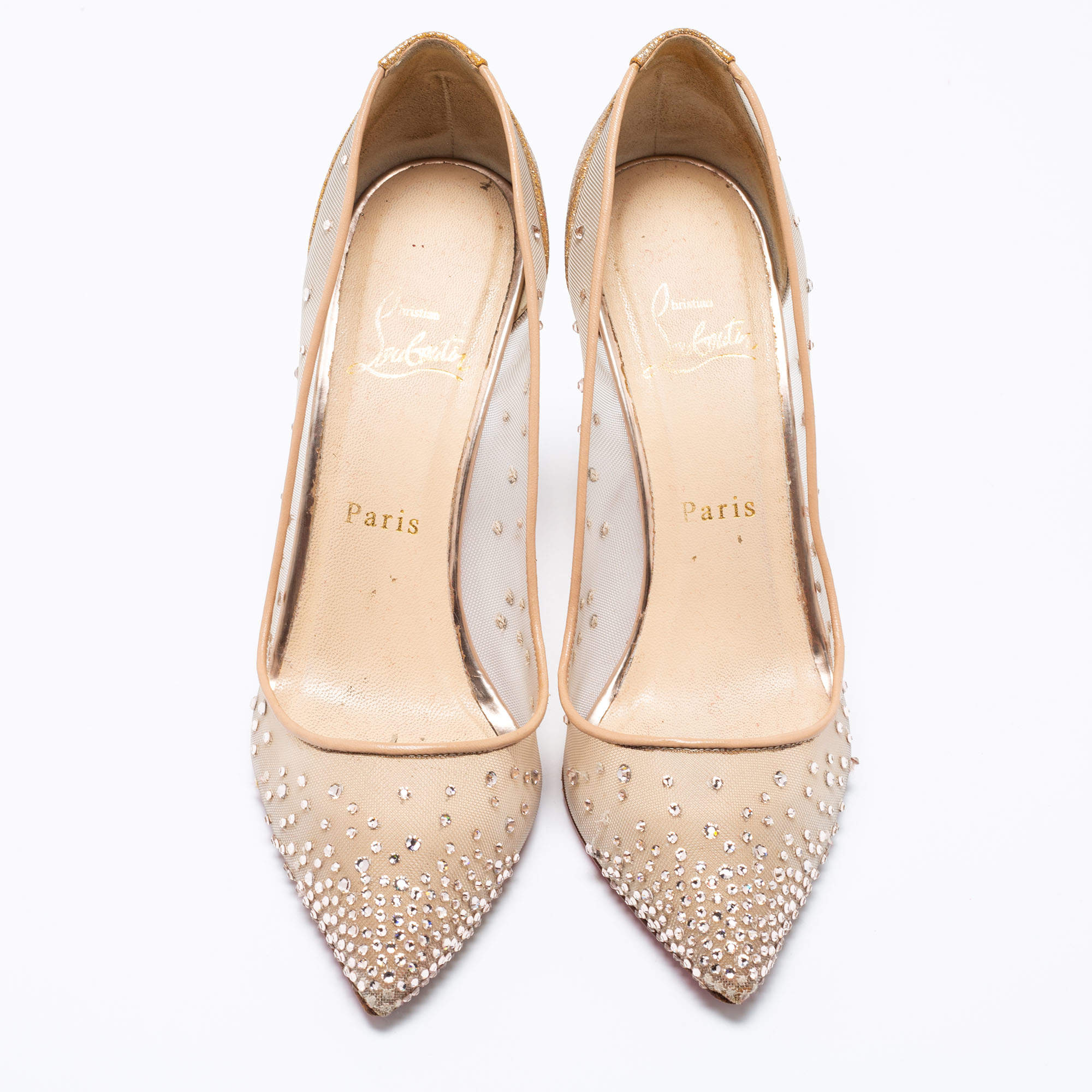 Pre Owned Christian Louboutin Metallic Gold Mesh And Glitter Follies Strass Pointed Toe Pumps Size 38.5