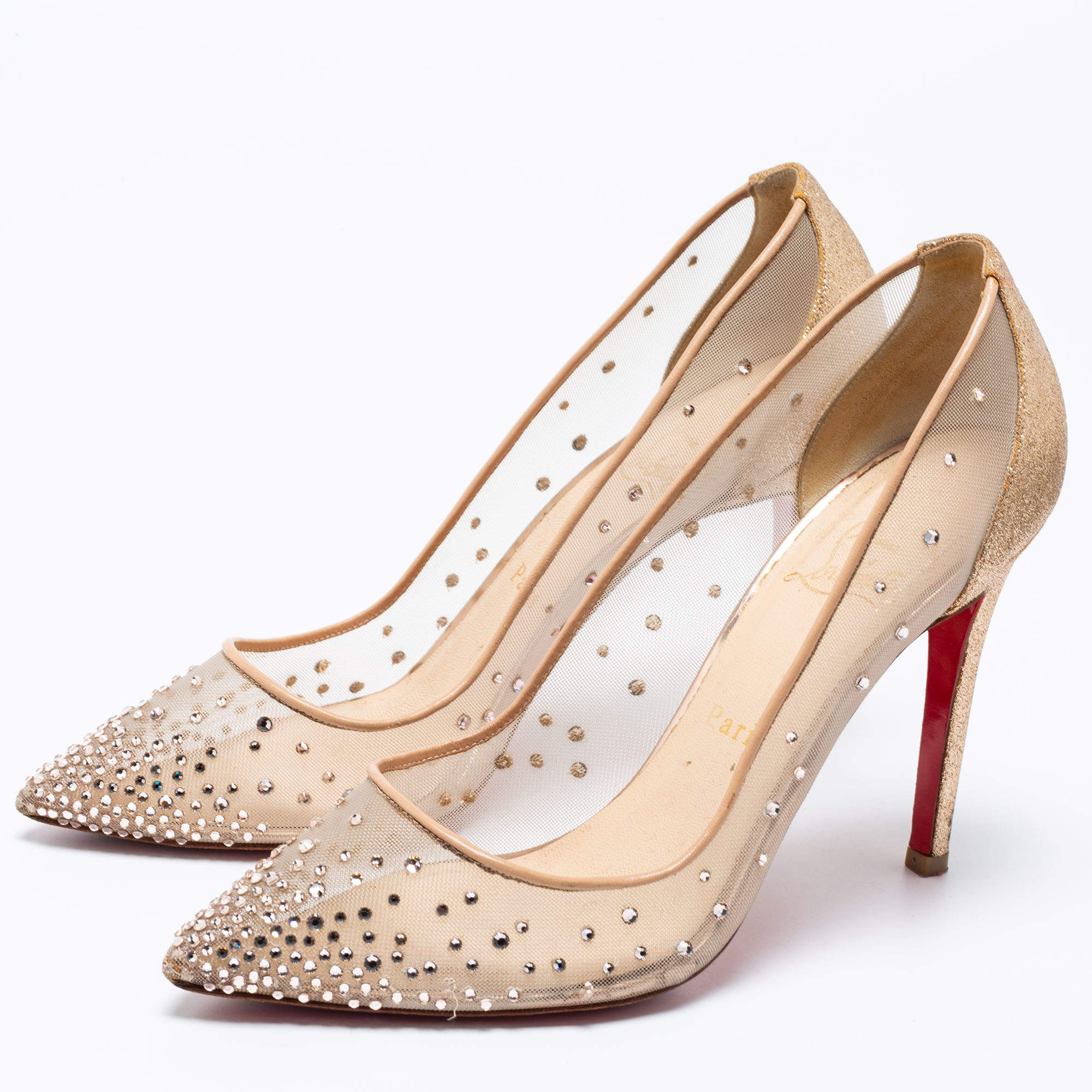 Pre Owned Christian Louboutin Metallic Gold Mesh And Glitter Follies Strass Pointed Toe Pumps Size 38.5