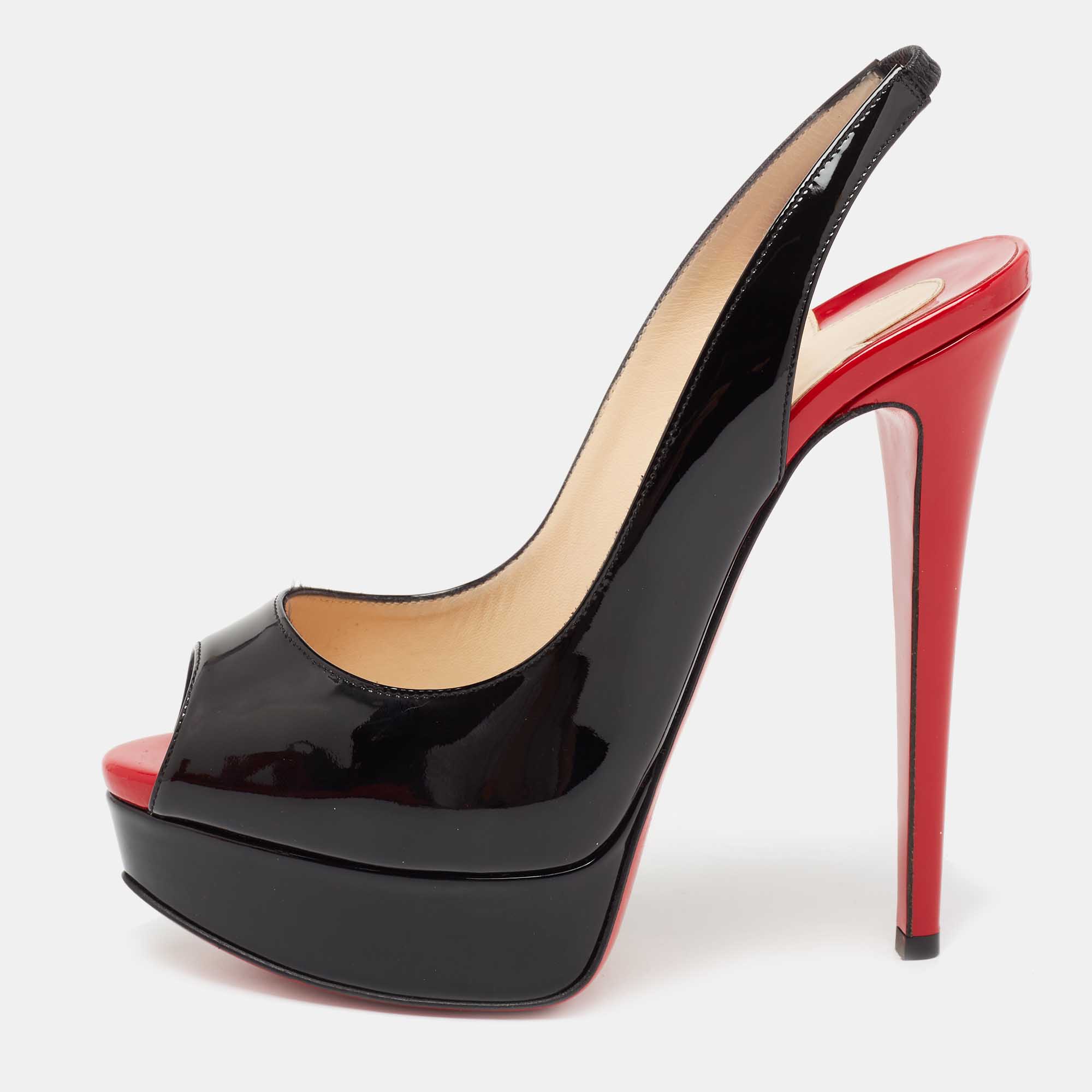 Pre Owned صنجل كريستيان لوبوتان ليدي جلد لامع أسود مقدمة مفتوحة فتحة كعب مقاس 35