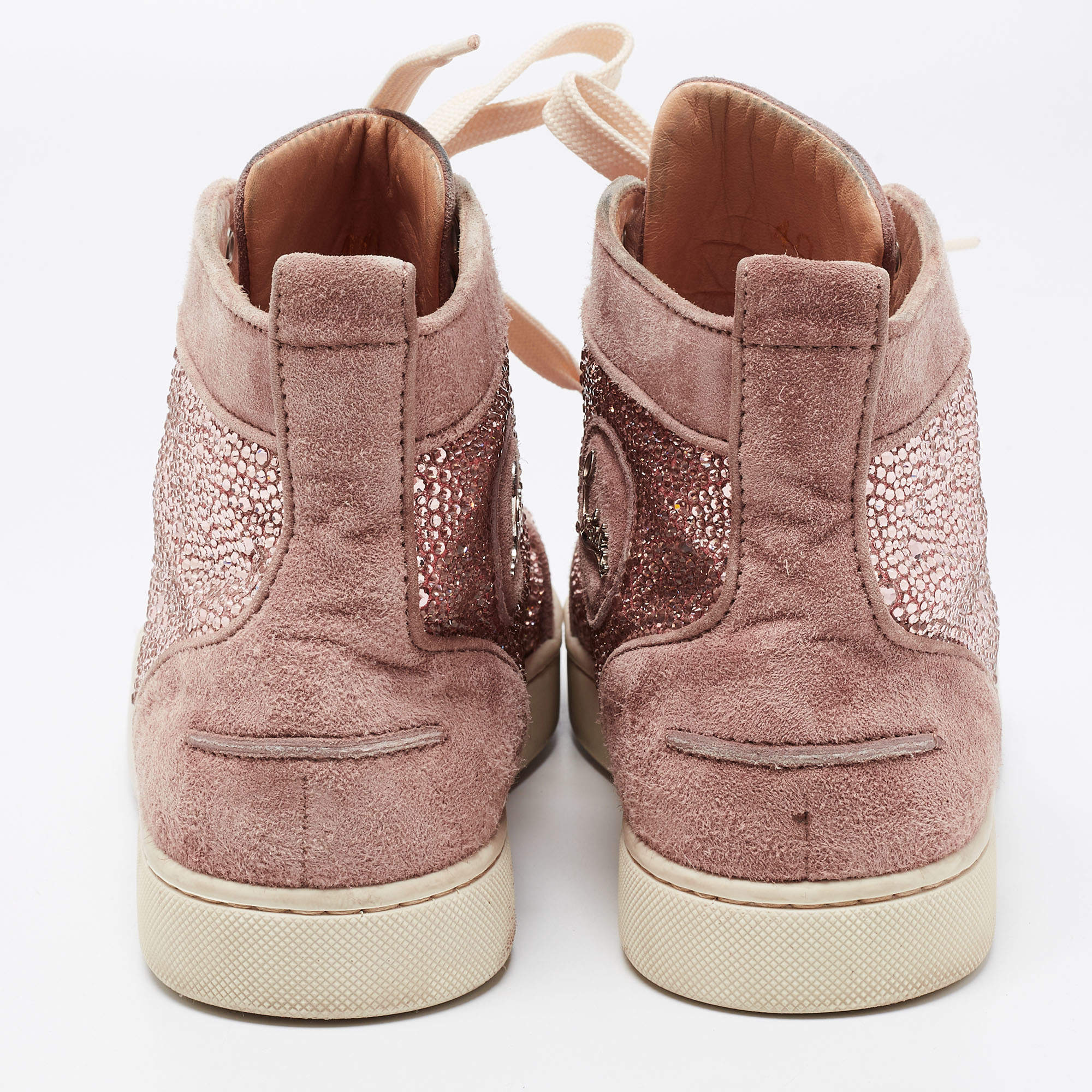 CHRISTIAN LOUBOUTIN Lou Degra Spikes Flat Glitter Pink Sneakers Size 37.5  US 7.5