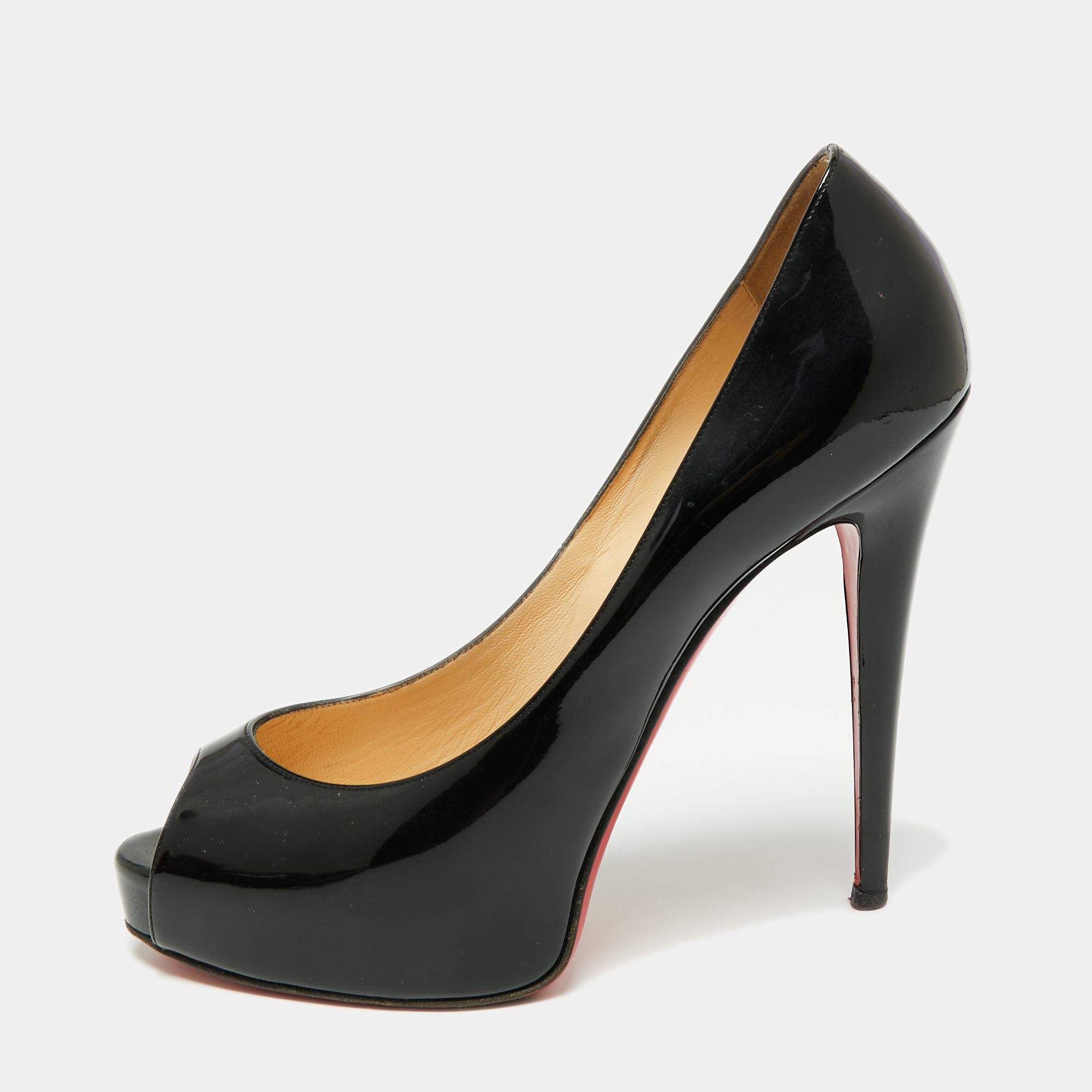 Pre Owned حذاء كعب عالي كريستيان لوبوتان فيري بريفي جلد لامع أسود مقدمة مفتوحة مقاس 40.5