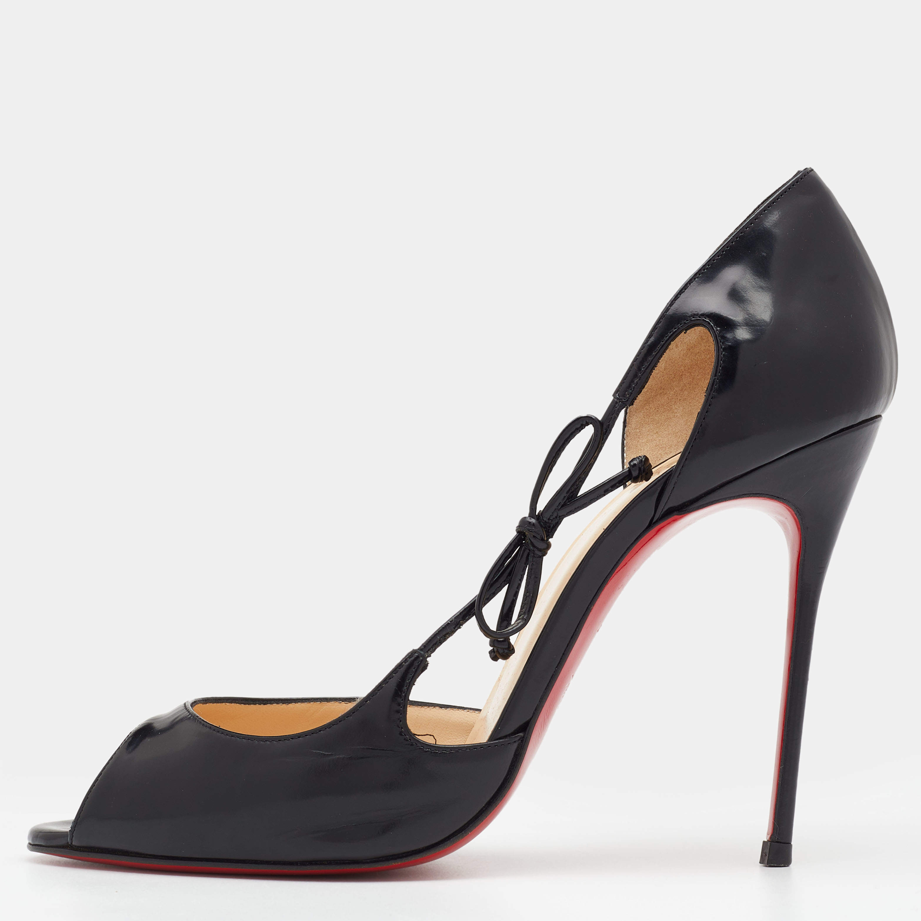 Pre Owned Christian Louboutin Black Leather Bow Detail Peep Toe Pumps Size 39