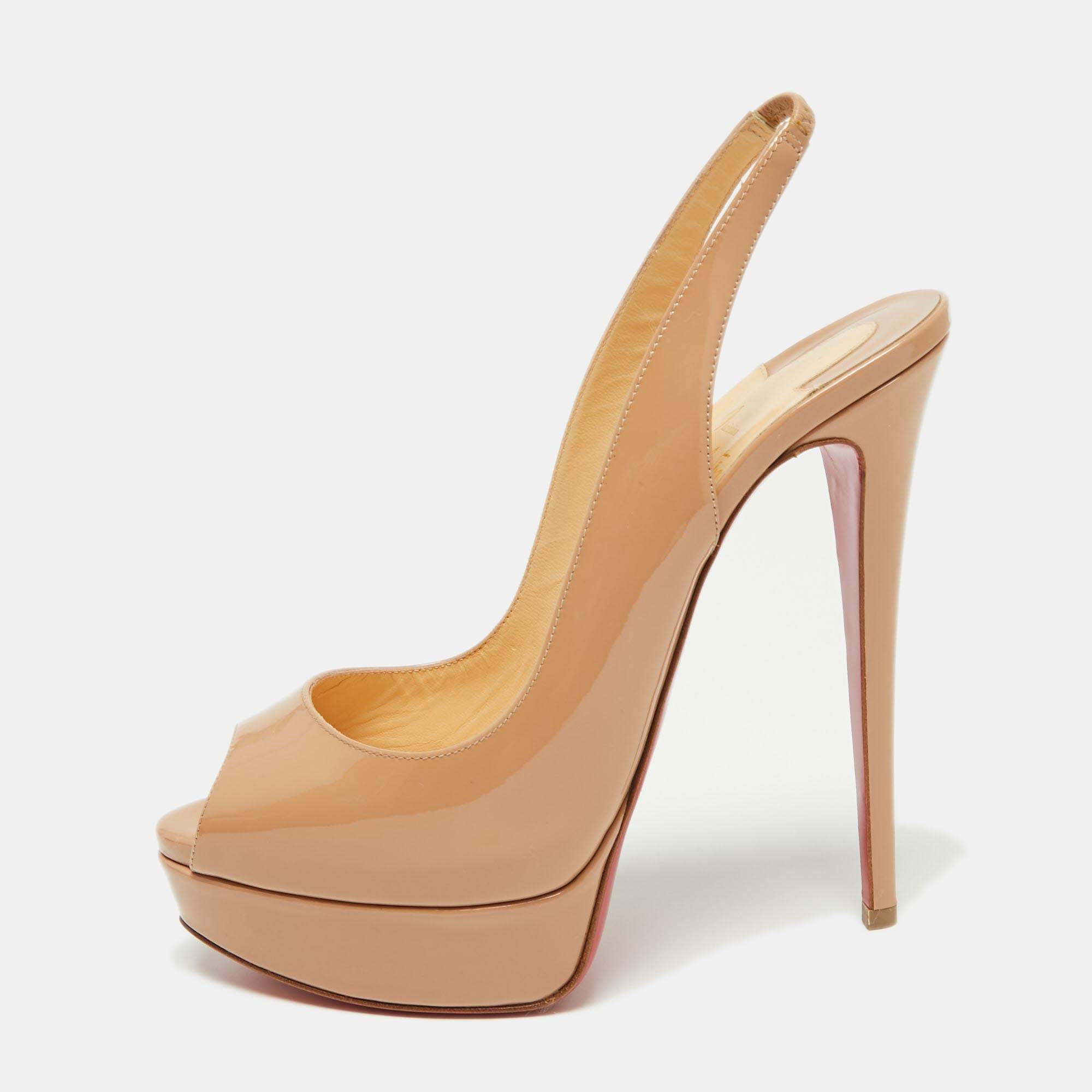 Christian Louboutin Beige Patent Leather Lady Peep Slingback Platform Sandals Size 40