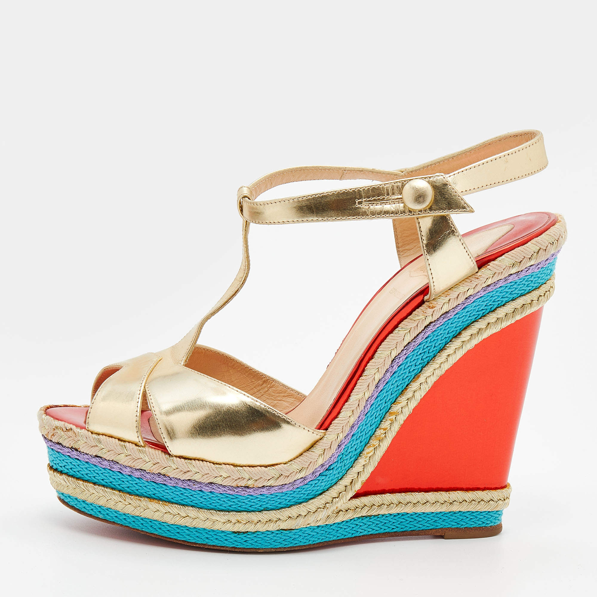 Pre Owned Christian Louboutin Metallic Gold Leather Trotolita Wedge Ankle Strap Sandals Size 40