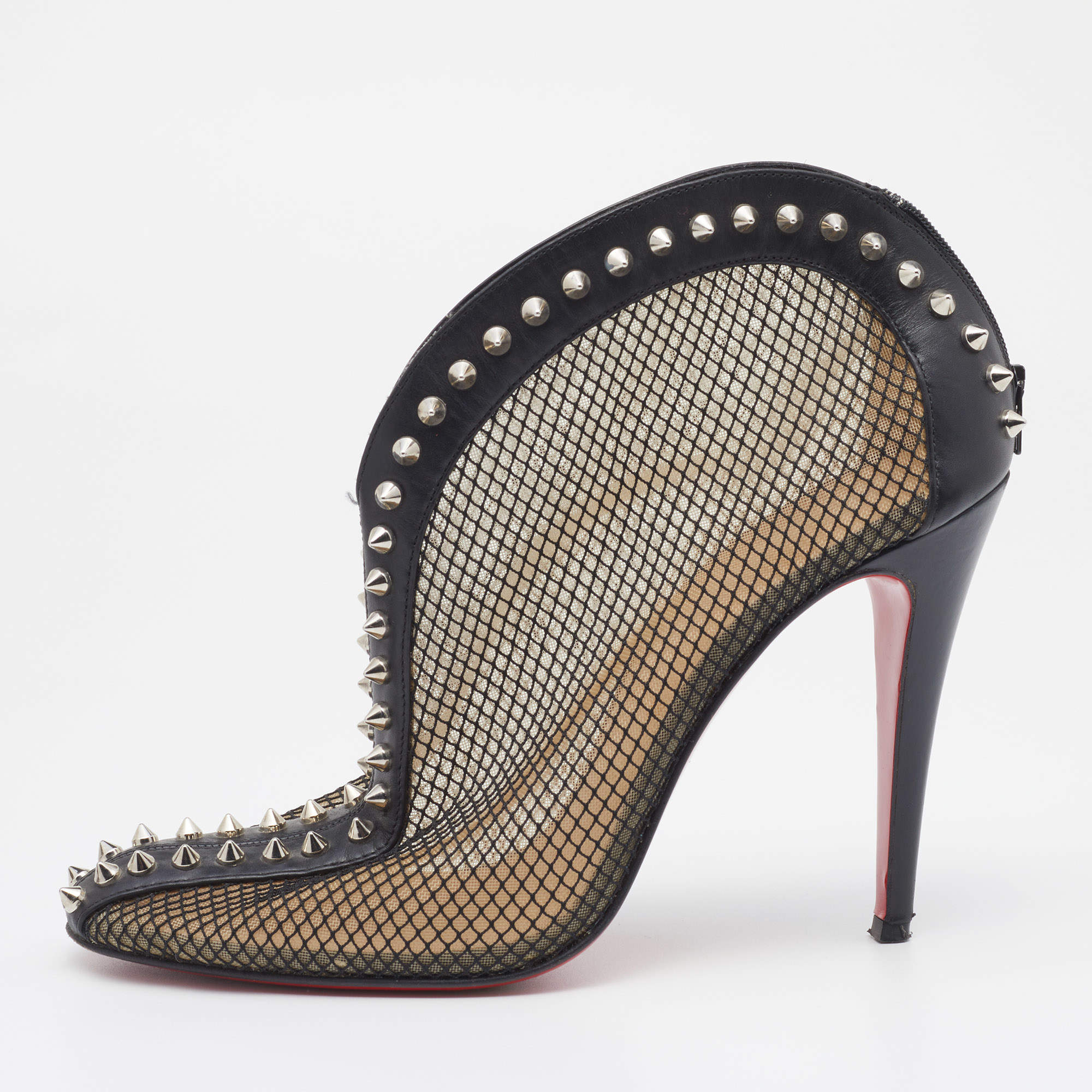Pre Owned Christian Louboutin Black Mesh And Leather Bourriche Spike Studded Booties Size 40