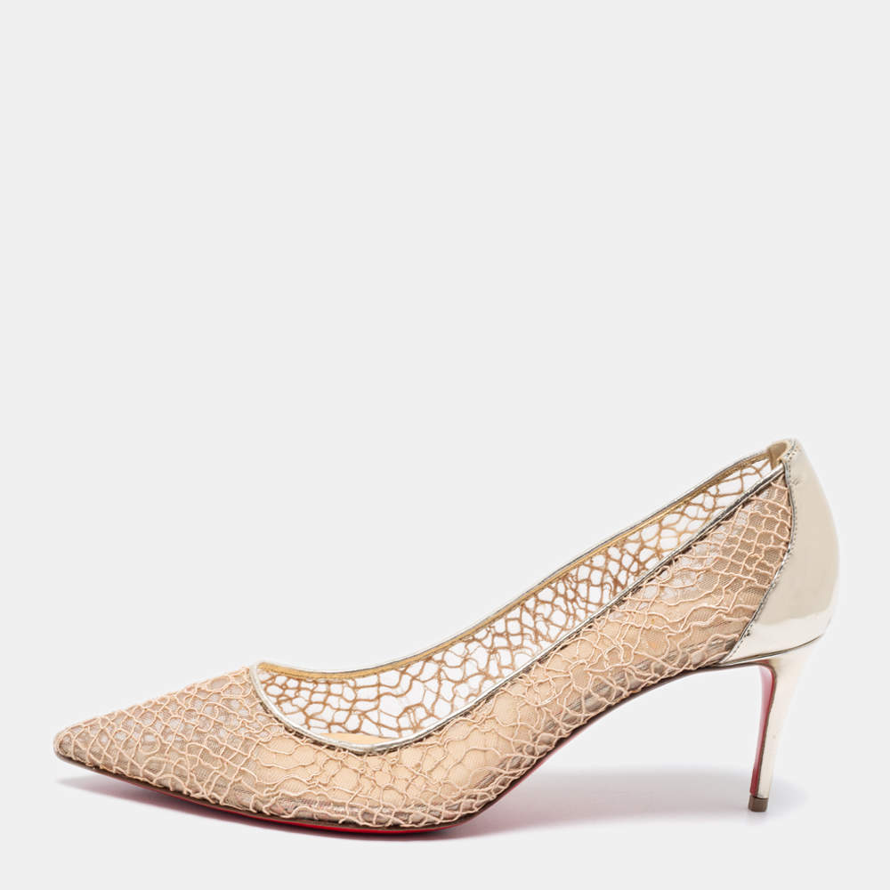 Pre Owned Christian Louboutin Beige/Metallic Mesh And Leather Saramor Pointed Toe Pumps Size 39.5