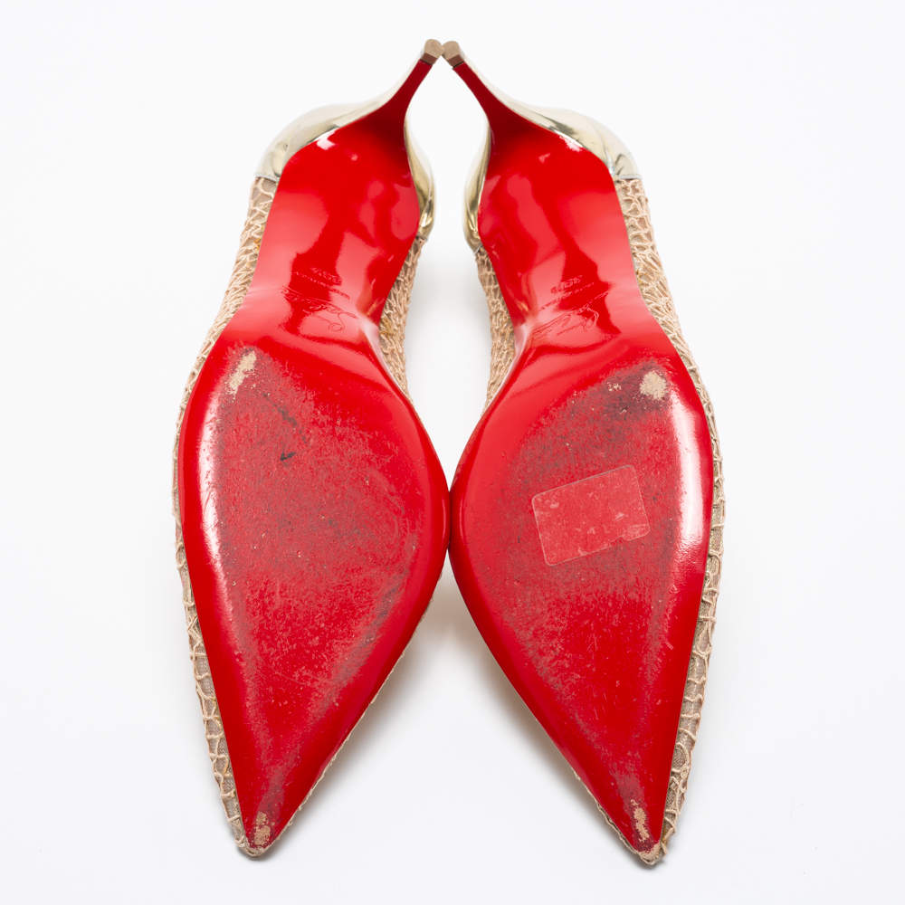 Pre Owned Christian Louboutin Beige/Metallic Mesh And Leather Saramor Pointed Toe Pumps Size 39.5