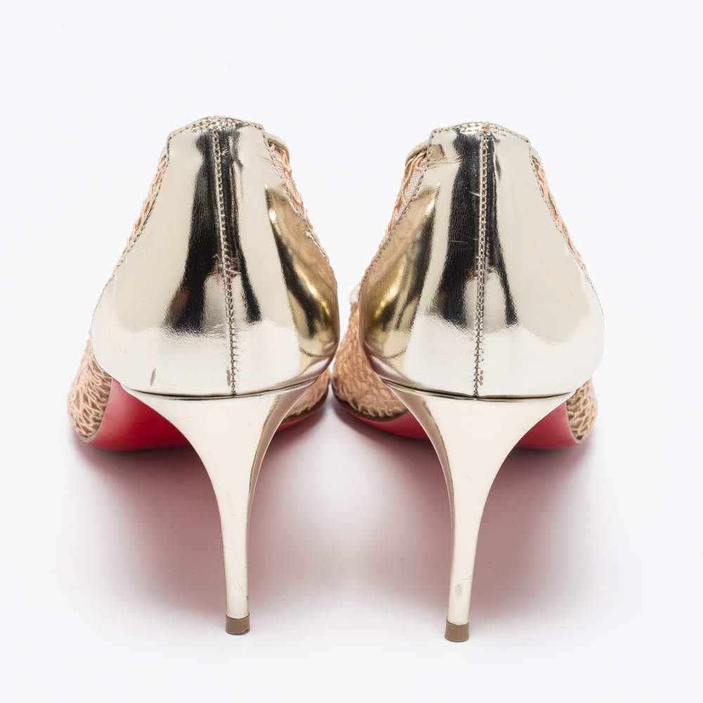 Pre Owned Christian Louboutin Beige/Metallic Mesh And Leather Saramor Pointed Toe Pumps Size 39.5