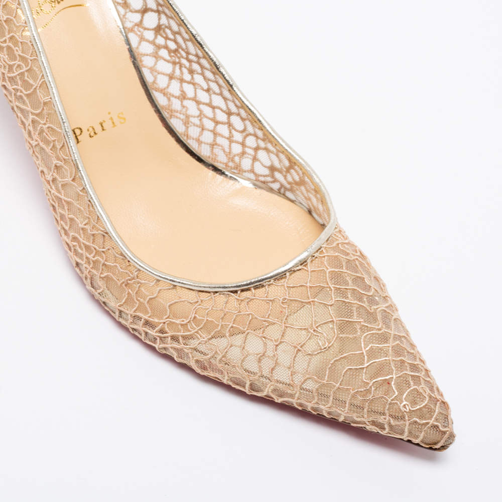 Pre Owned Christian Louboutin Beige/Metallic Mesh And Leather Saramor Pointed Toe Pumps Size 39.5