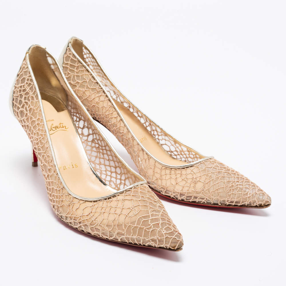 Pre Owned Christian Louboutin Beige/Metallic Mesh And Leather Saramor Pointed Toe Pumps Size 39.5