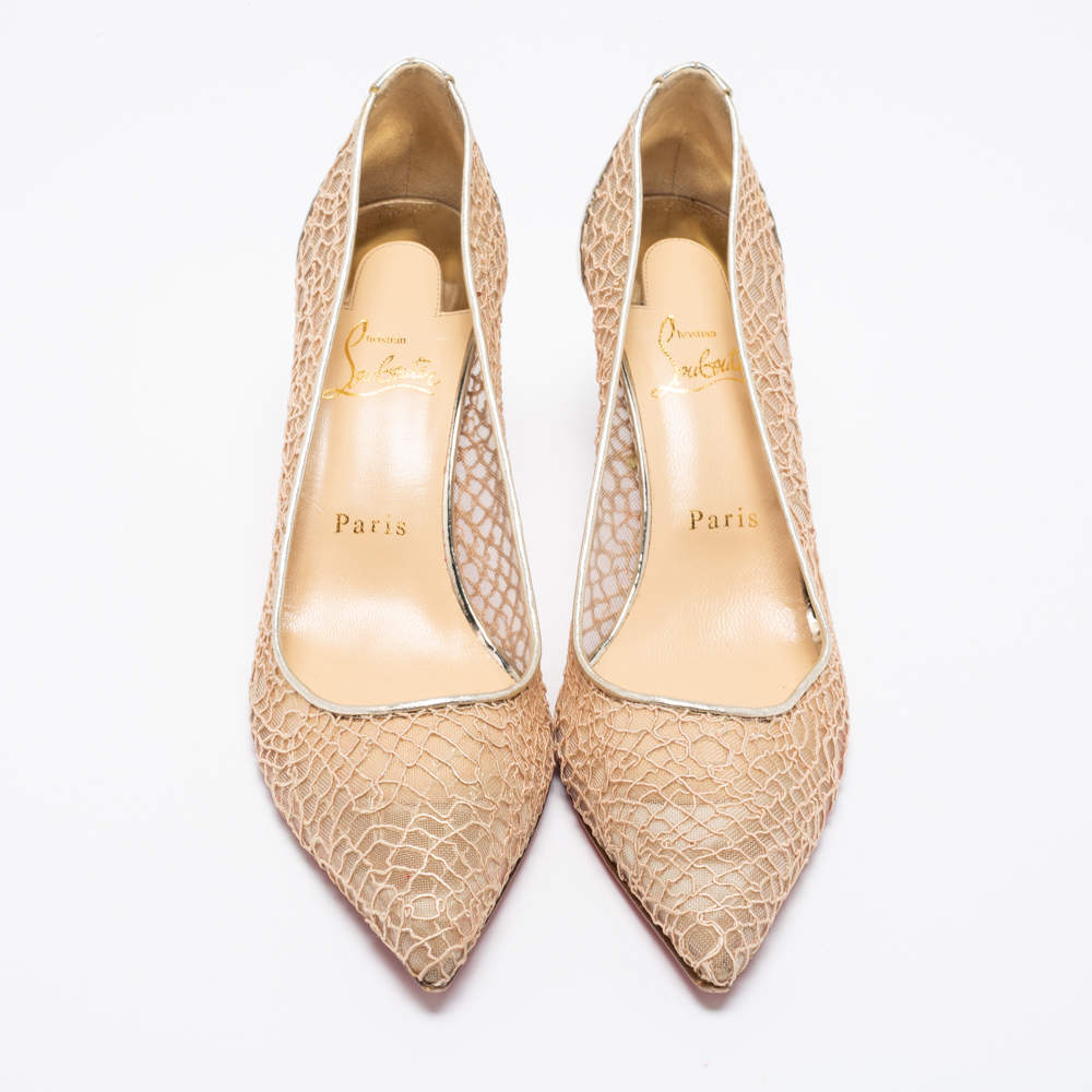 Pre Owned Christian Louboutin Beige/Metallic Mesh And Leather Saramor Pointed Toe Pumps Size 39.5