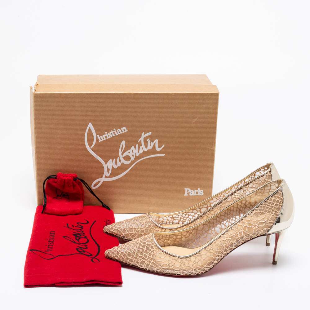Pre Owned Christian Louboutin Beige/Metallic Mesh And Leather Saramor Pointed Toe Pumps Size 39.5